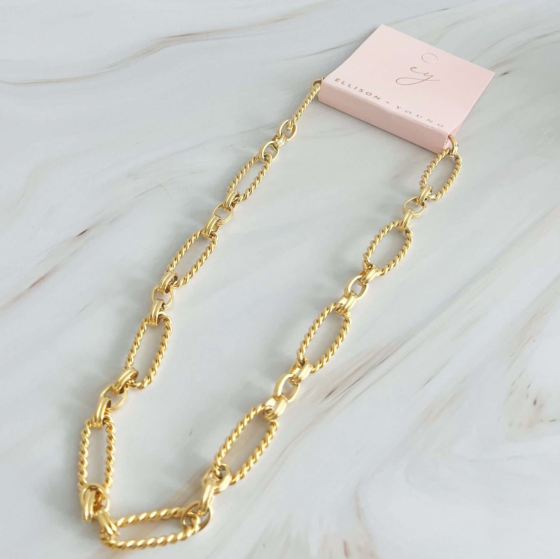 Alternatively Linked Cabled Necklace featuring a unique linked design in 18k gold plated stainless steel.