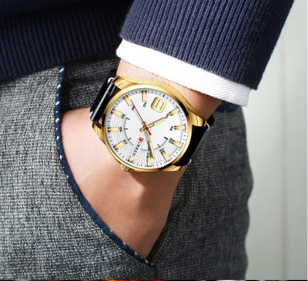 ALLURING CLASSIC LEATHER watch featuring a peach leather strap, navy blue dial, and rose gold markings, perfect for stylish men.