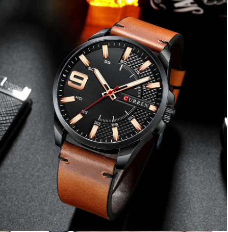 ALLURING CLASSIC LEATHER watch featuring a peach leather strap, navy blue half-bezeled dial, and rose gold markings, perfect for stylish businessmen.