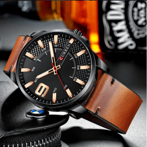 ALLURING CLASSIC LEATHER watch featuring a peach leather strap, navy blue half-bezeled dial, and rose gold markings, perfect for stylish businessmen.