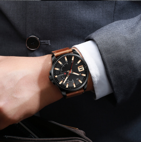 ALLURING CLASSIC LEATHER watch featuring a peach leather strap, navy blue half-bezeled dial, and rose gold markings, perfect for stylish businessmen.