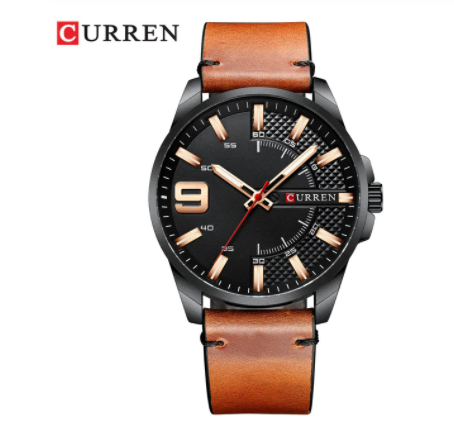 ALLURING CLASSIC LEATHER watch featuring a peach leather strap, navy blue half-bezeled dial, and rose gold markings, perfect for stylish businessmen.