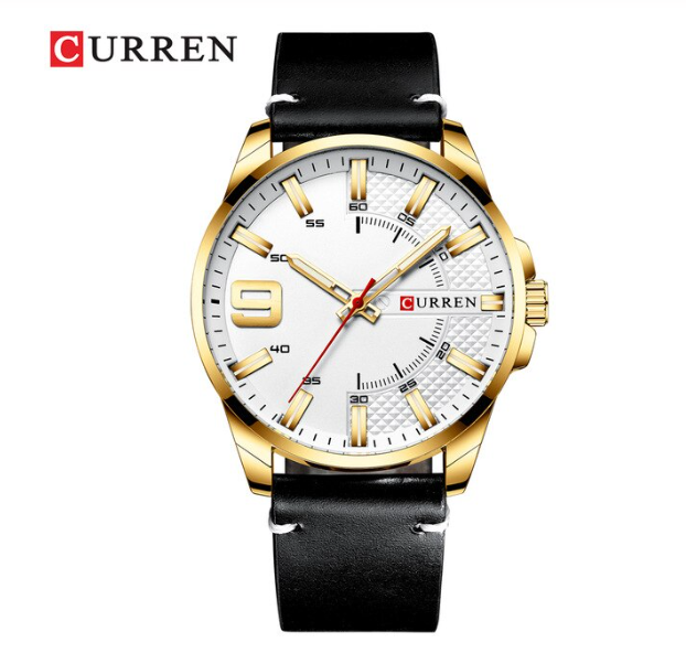 Alluring Classic Leather I 5412842 watch featuring a black leather band and gold hour markers, showcasing its elegant design.