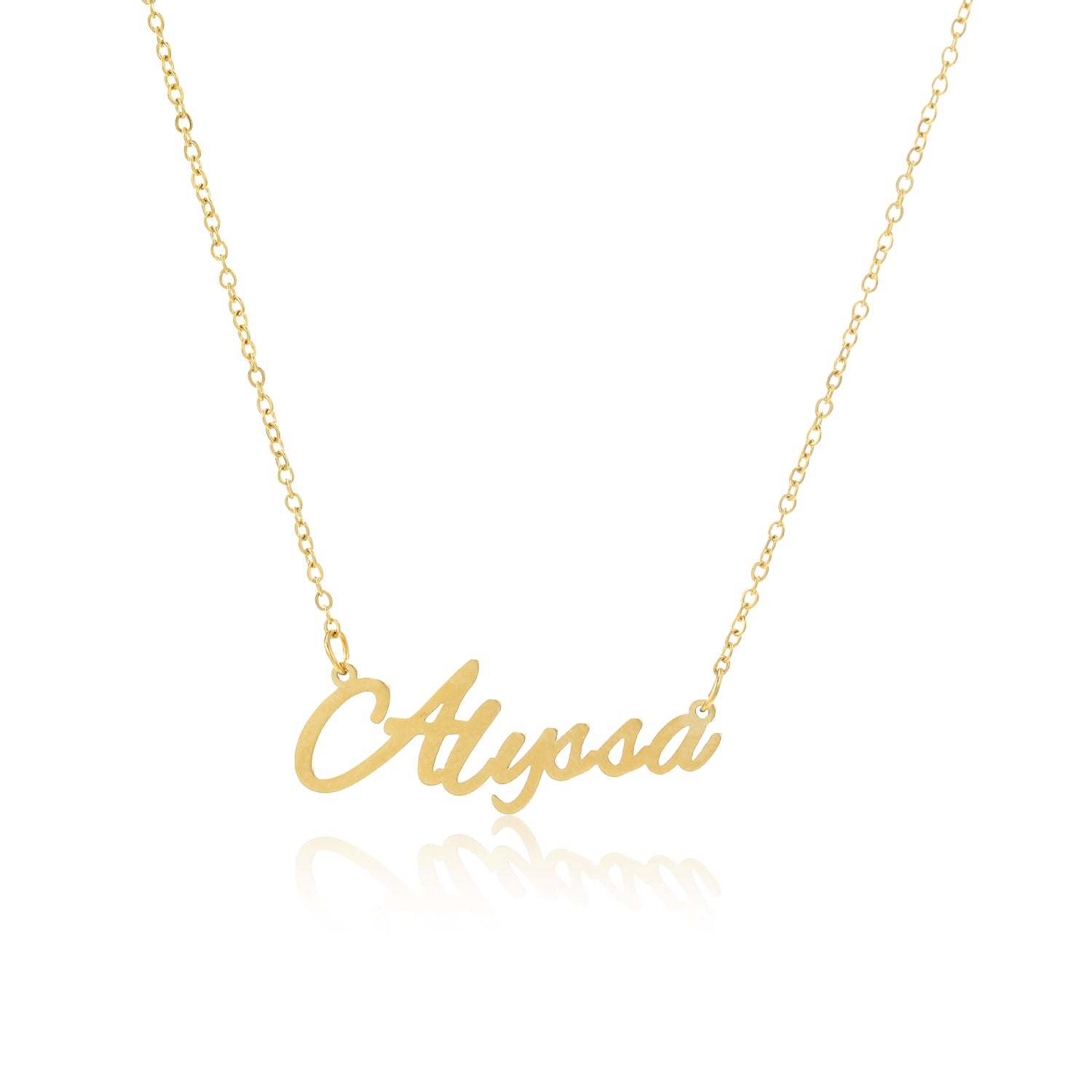 Alyssa Name Necklace in radiant gold plating, featuring an adjustable chain and elegant design, crafted from tarnish-free stainless steel.