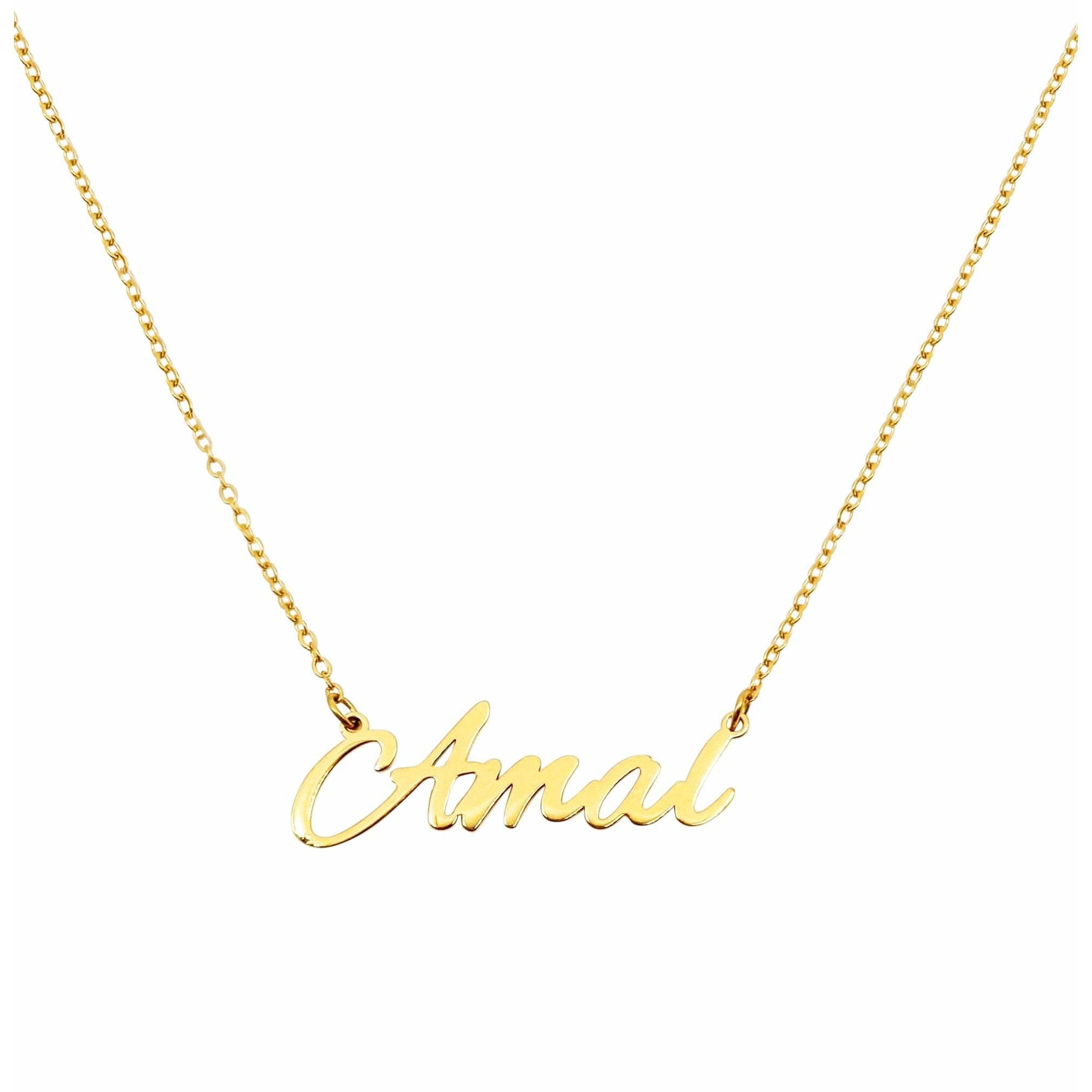 Amal Name Necklace featuring a personalized name design in gold-plated stainless steel with an adjustable chain.