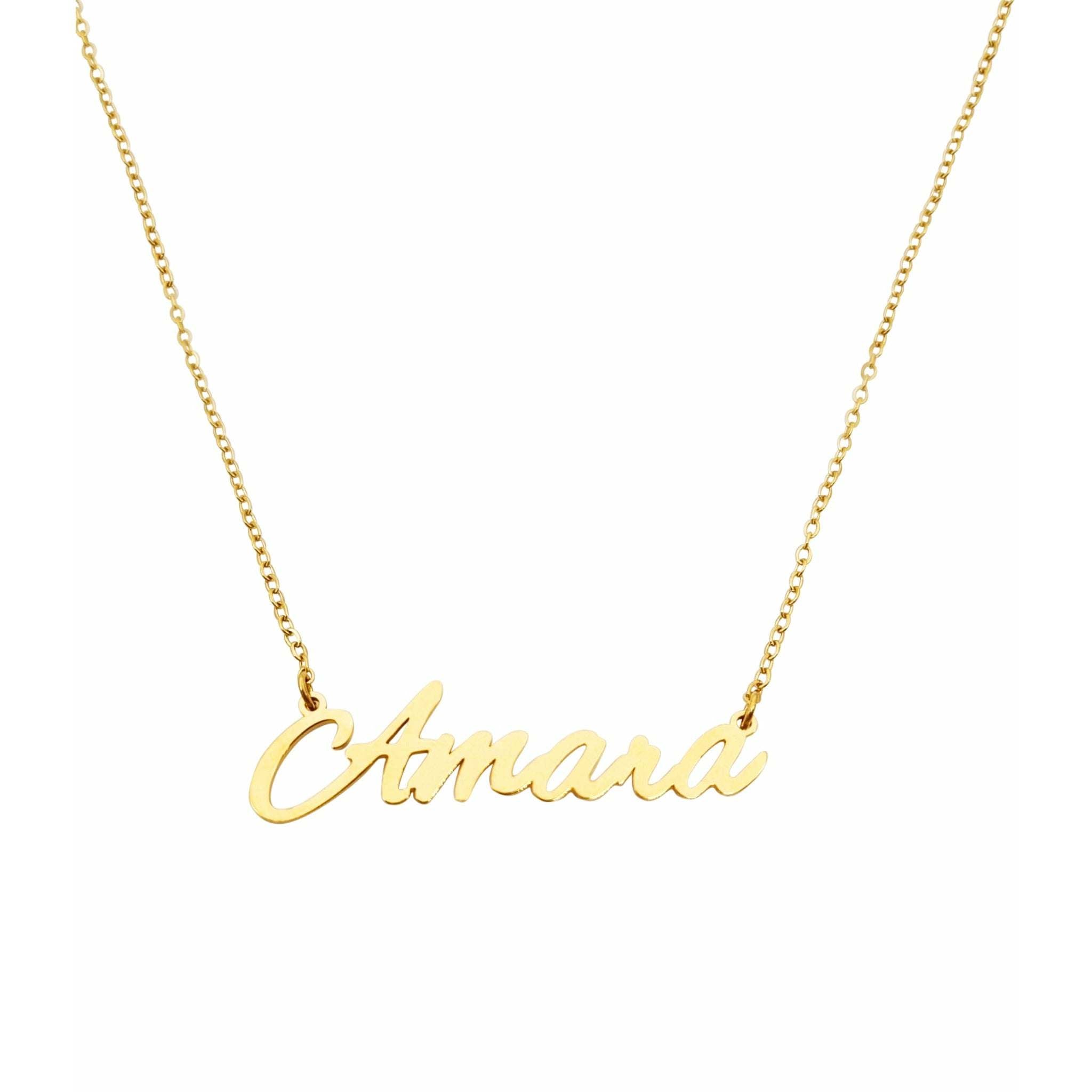 Amara Name Necklace featuring a personalized name design in tarnish-free gold plated stainless steel with an adjustable chain.