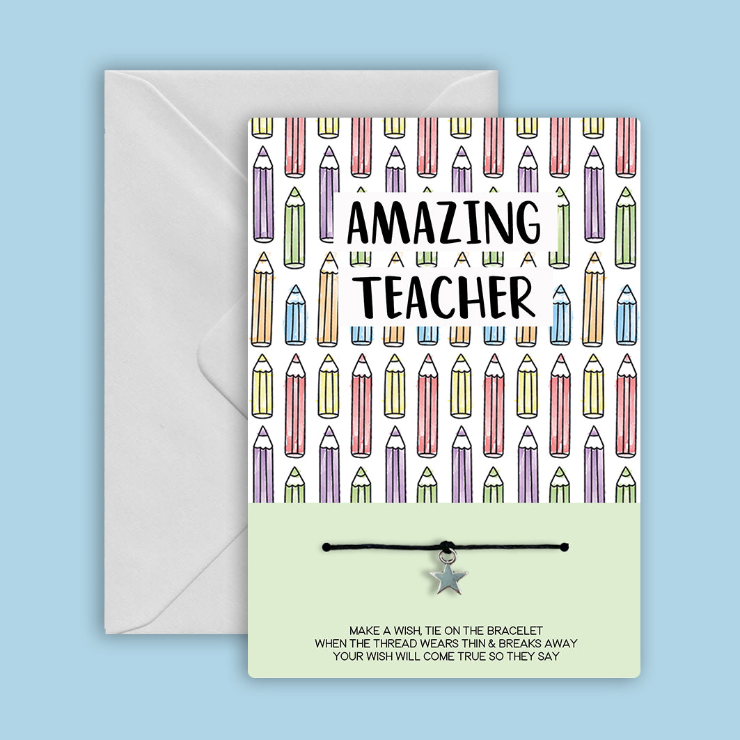 Amazing Teacher WishCard Greeting Card with a handmade bracelet featuring a Tibetan Silver charm on a luxury display card.