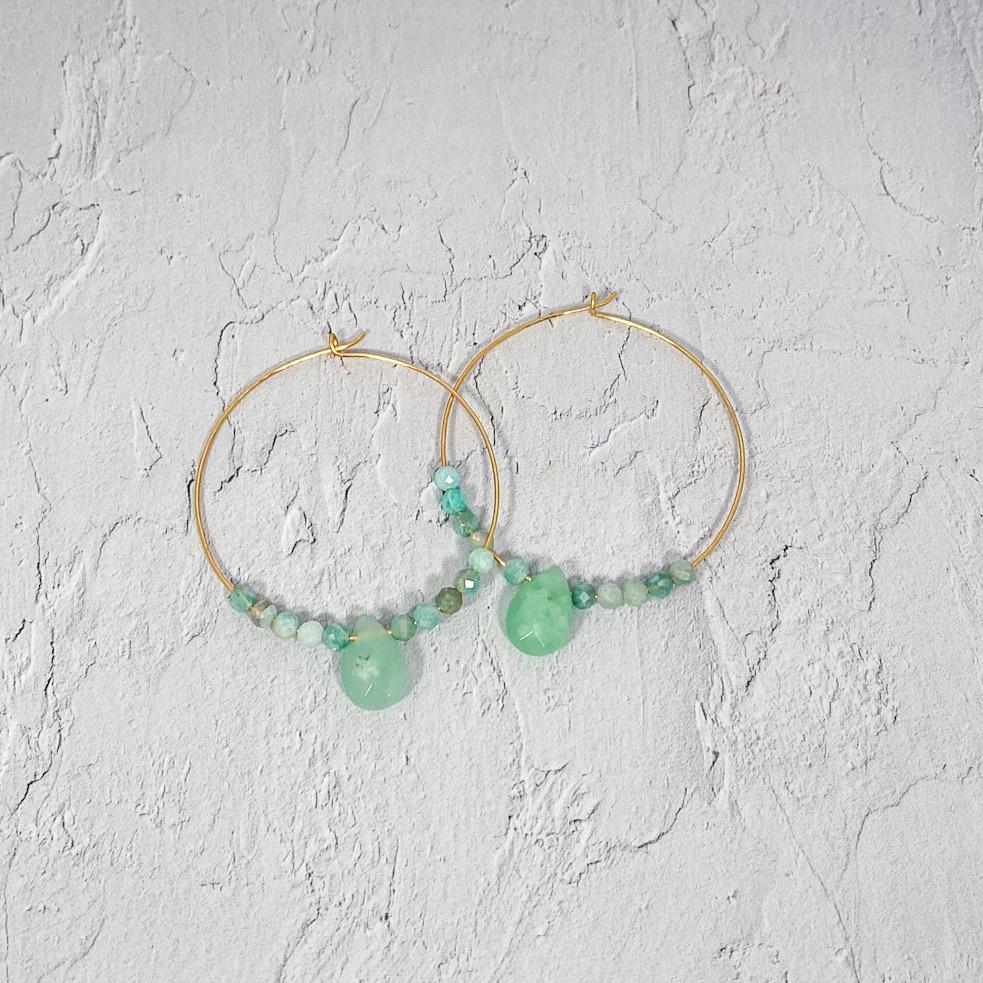 Elegant Amazonite 14k Gold Filled Hoop Earrings featuring vibrant amazonite beads and teardrop accents, perfect for any occasion.