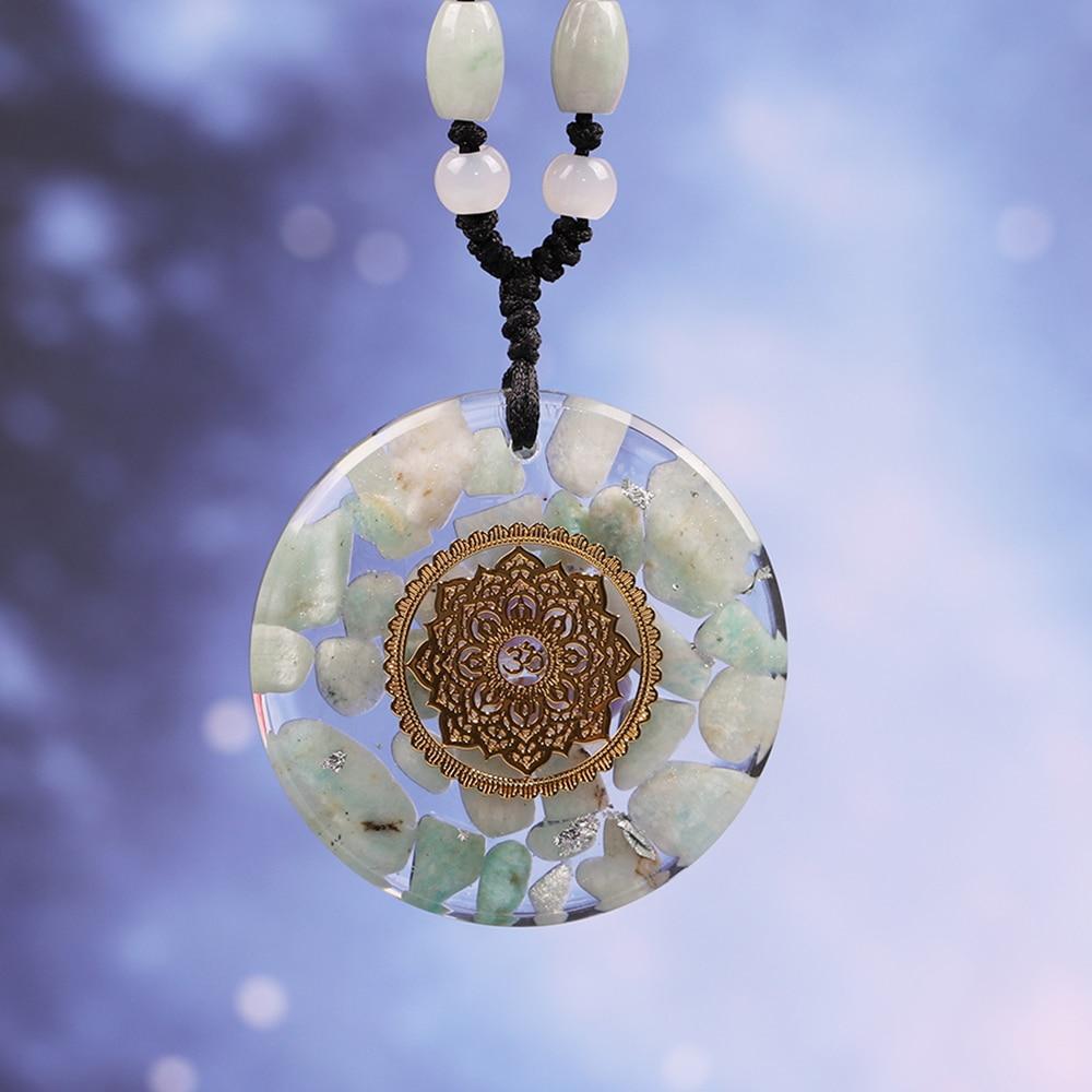 Handcrafted Amazonite Necklace Orgonite Energy Pendant featuring a geometric design made of resin and Amazonite stone, perfect for good luck and wealth attraction.