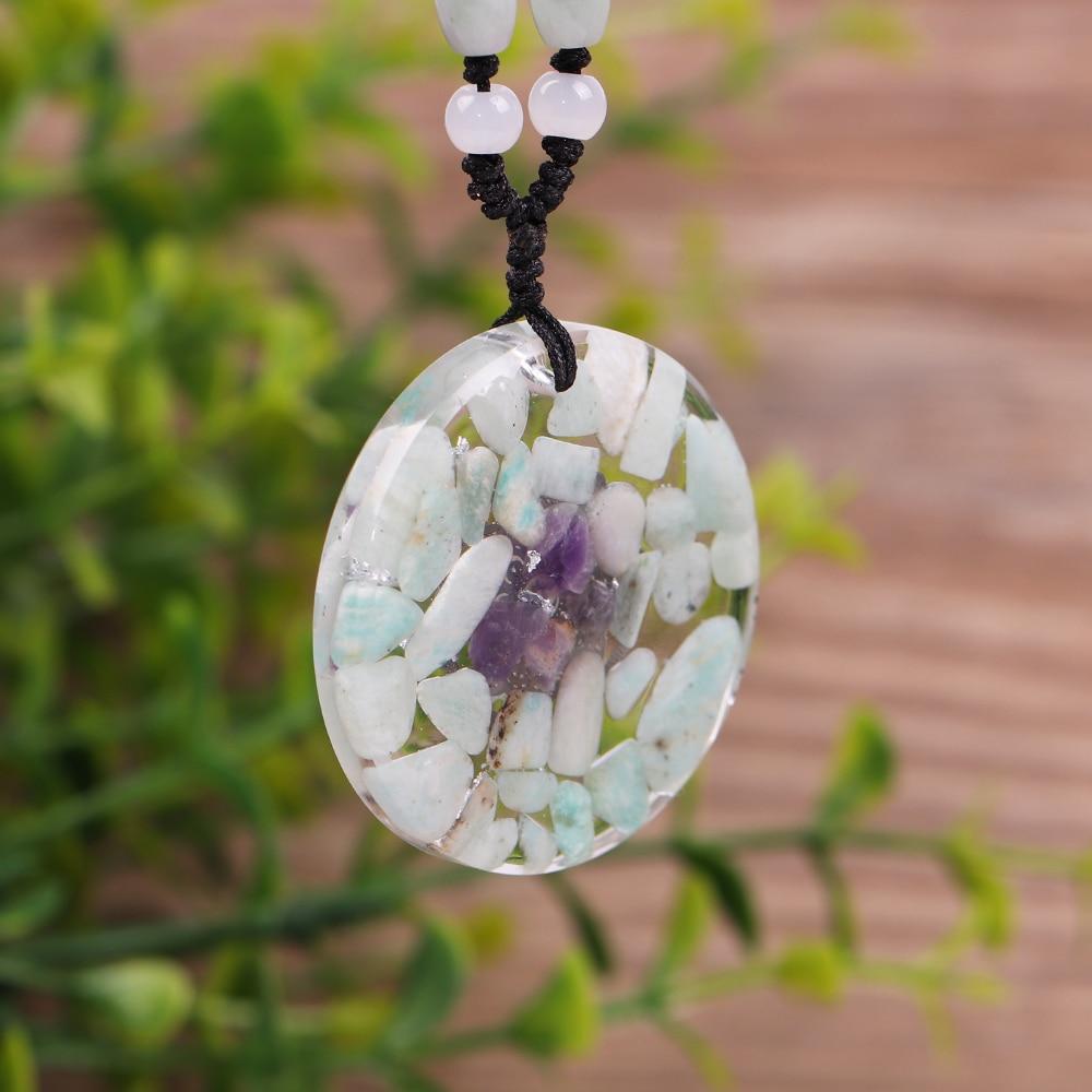 Handcrafted Amazonite Necklace Orgonite Energy Pendant featuring a geometric design made of resin and Amazonite stone, perfect for good luck and wealth attraction.