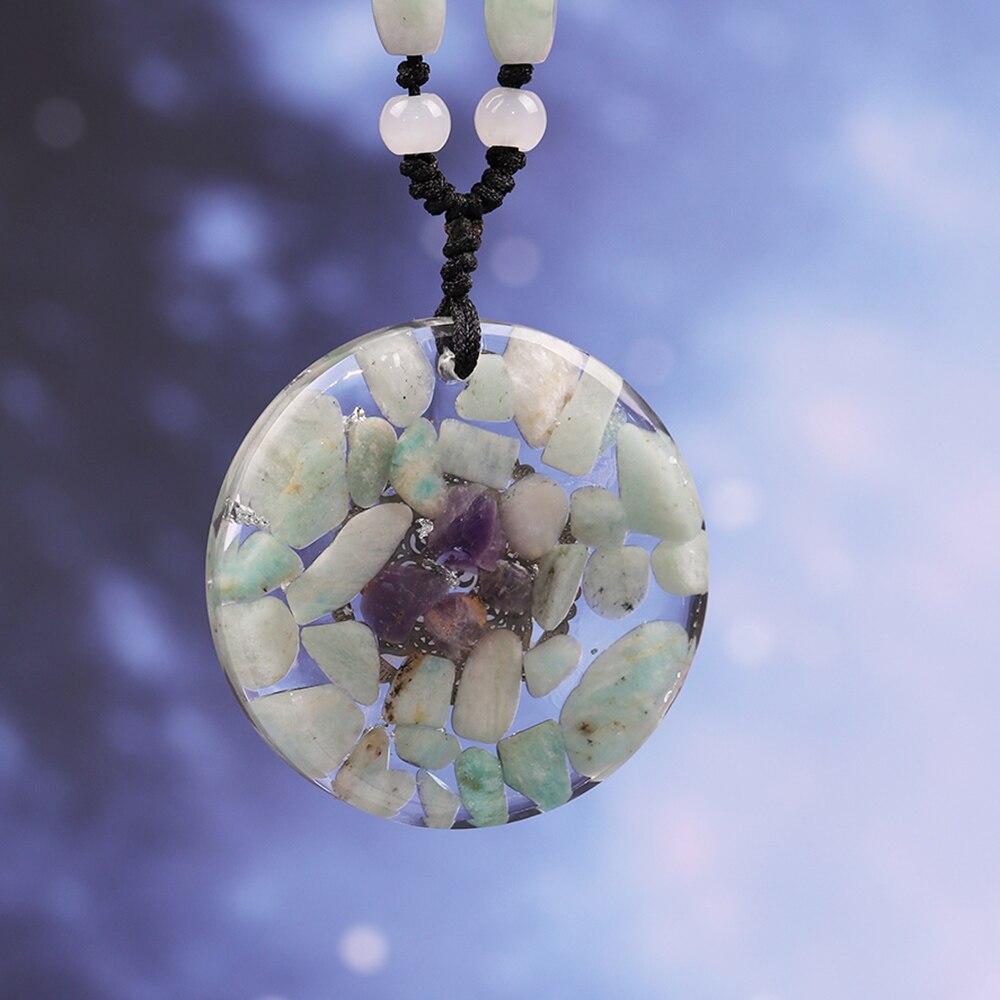 Handcrafted Amazonite Necklace Orgonite Energy Pendant featuring a geometric design made of resin and Amazonite stone, perfect for good luck and wealth attraction.