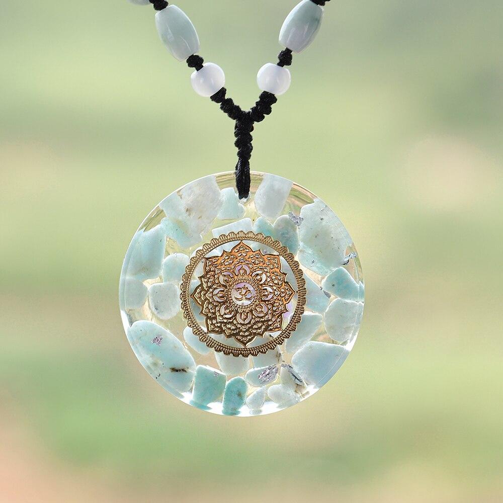 Handcrafted Amazonite Necklace Orgonite Energy Pendant featuring a geometric design made of resin and Amazonite stone, perfect for good luck and wealth attraction.