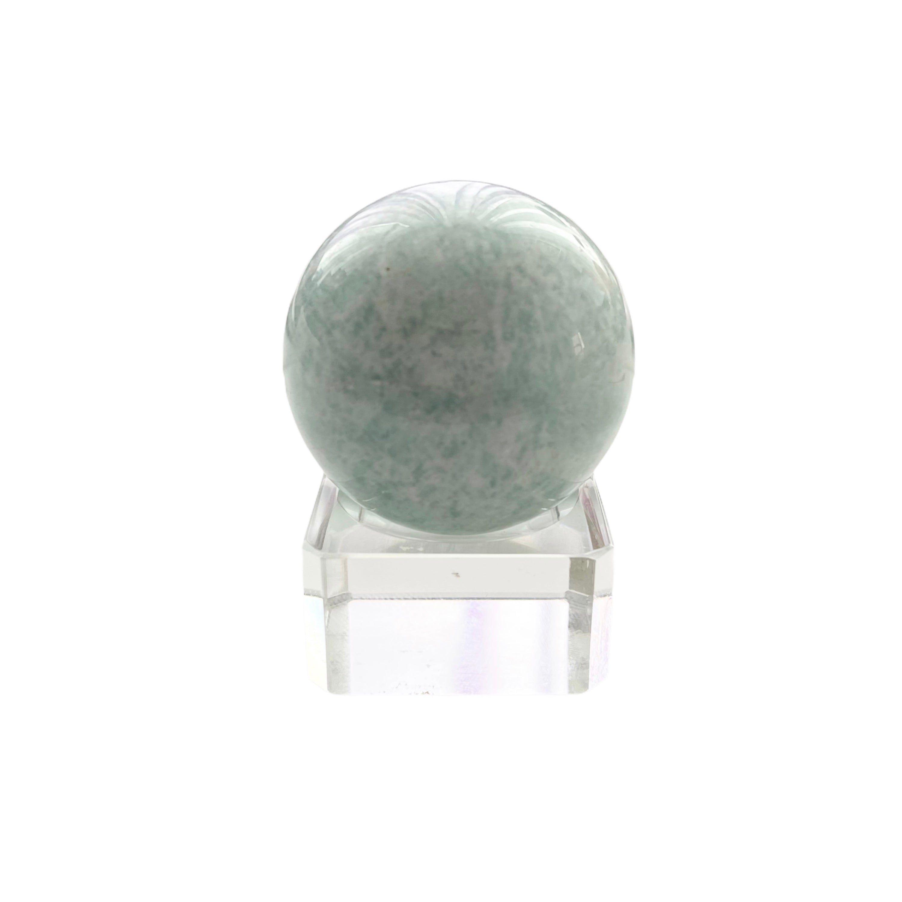 A beautiful light blue-green Amazonite Sphere showcasing its calming properties, perfect for healing and enhancing communication.