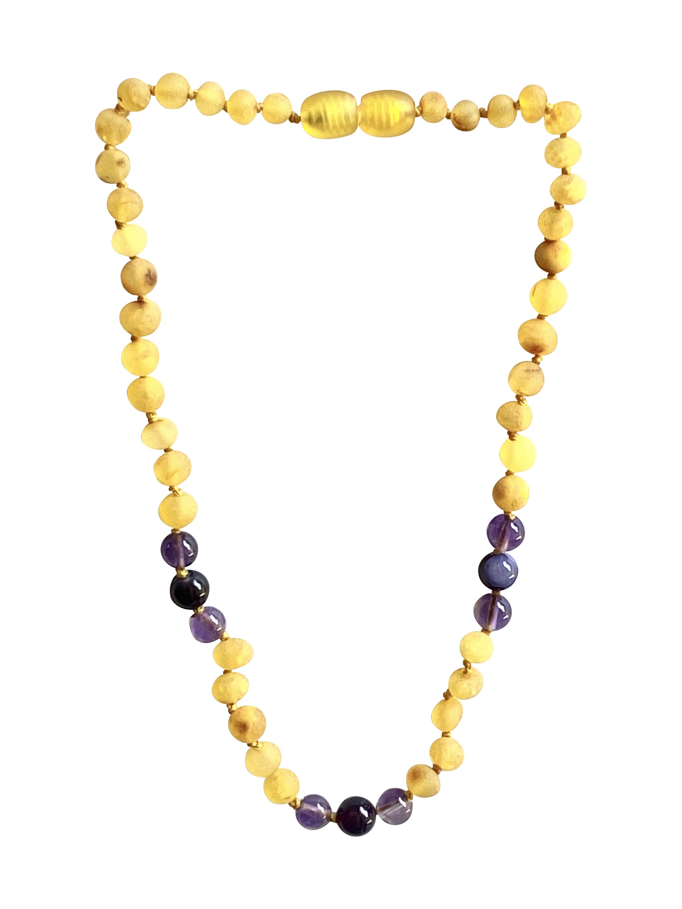 Amber + Amethyst + Agate Baby necklace featuring natural gemstones, designed for teething relief and safety for infants and toddlers.