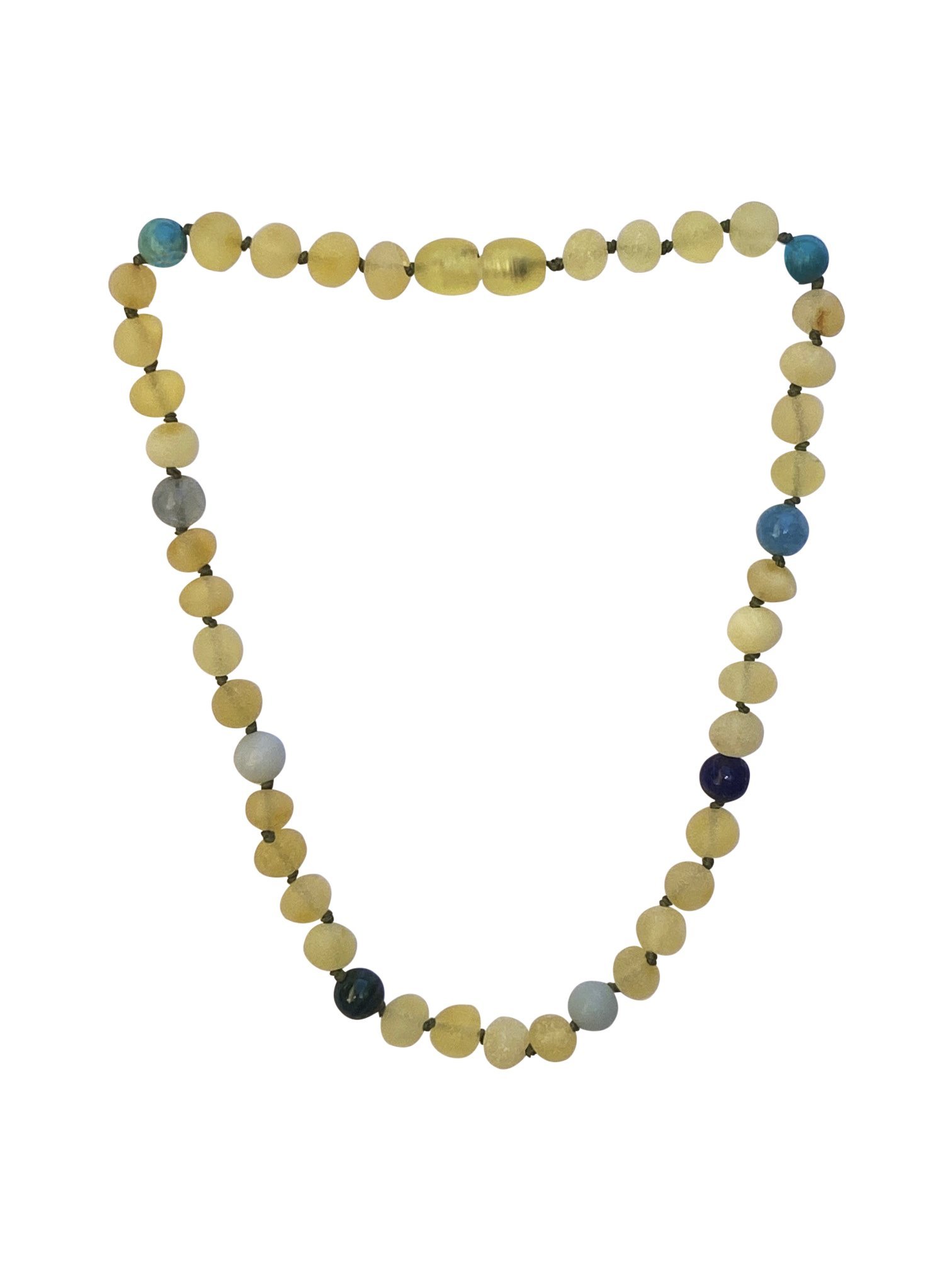 Amber + Blue Gemstones Baby necklace featuring raw honey amber and various calming gemstones, designed for infants and toddlers.