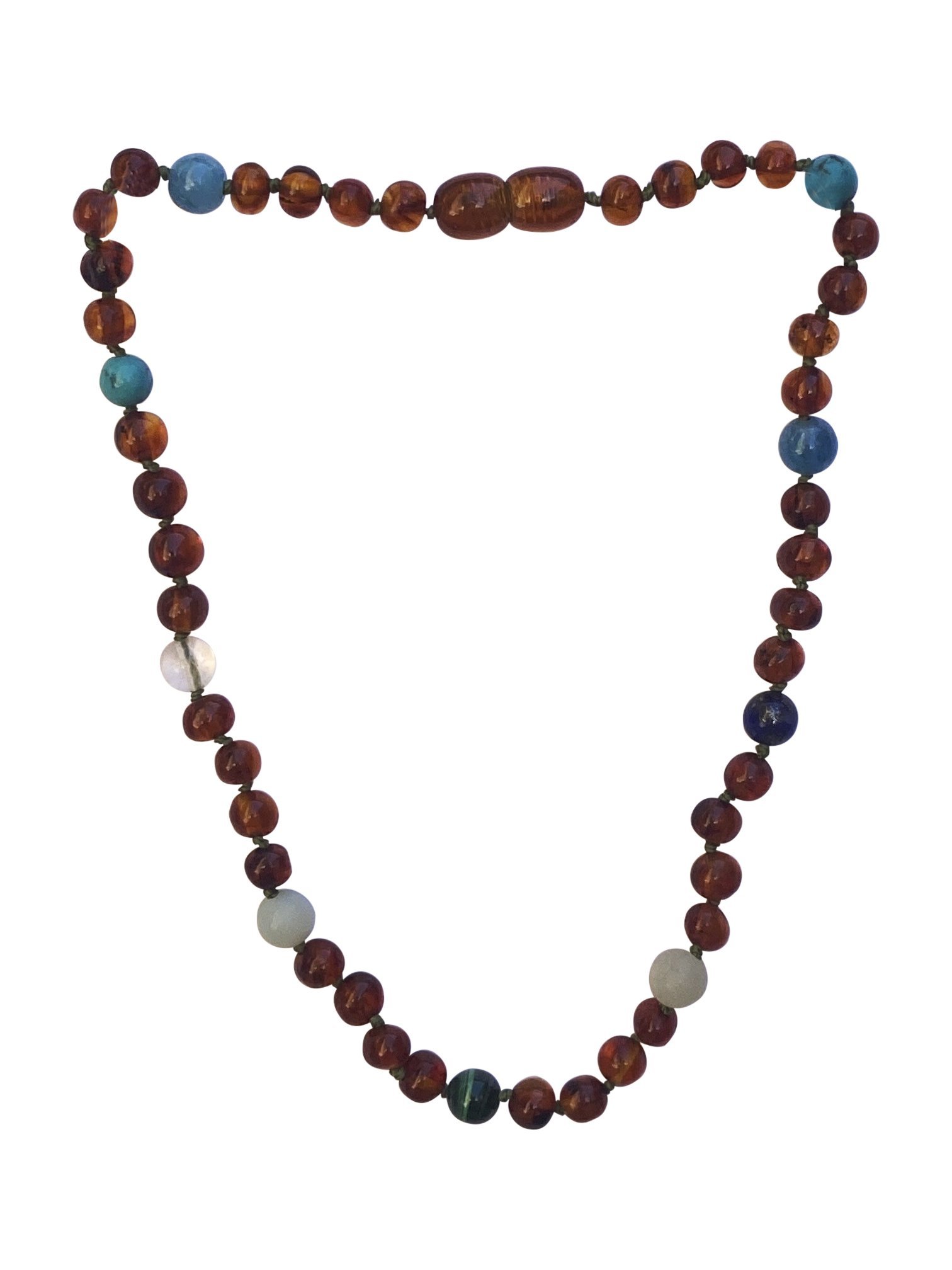 Amber and blue/green gemstone baby necklace with polished beads and secure clasp, designed for teething relief and calming effects.