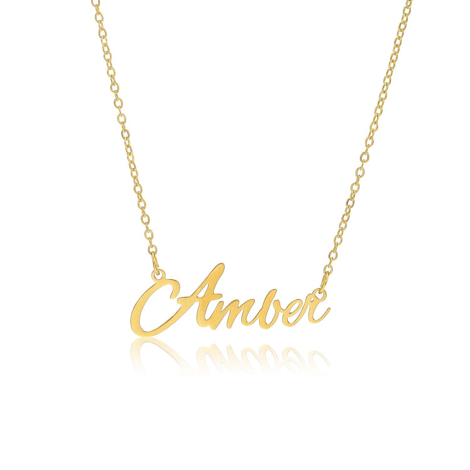 Amber Name Necklace made of tarnish-free stainless steel with a personalized name design.