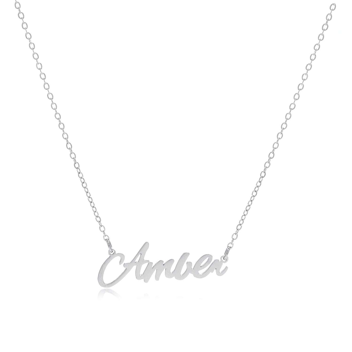 Amber Name Necklace made of tarnish-free stainless steel with a personalized name design.