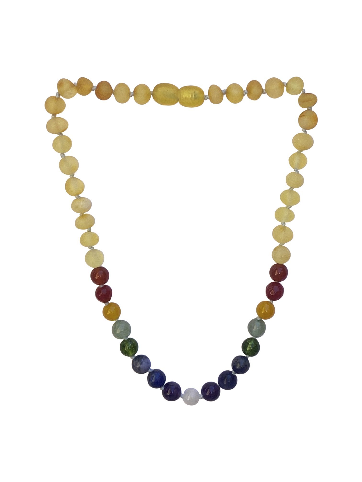 Amber + Rainbow Gemstone Baby necklace featuring Raw Honey and colorful gemstones, designed for teething relief and emotional support.