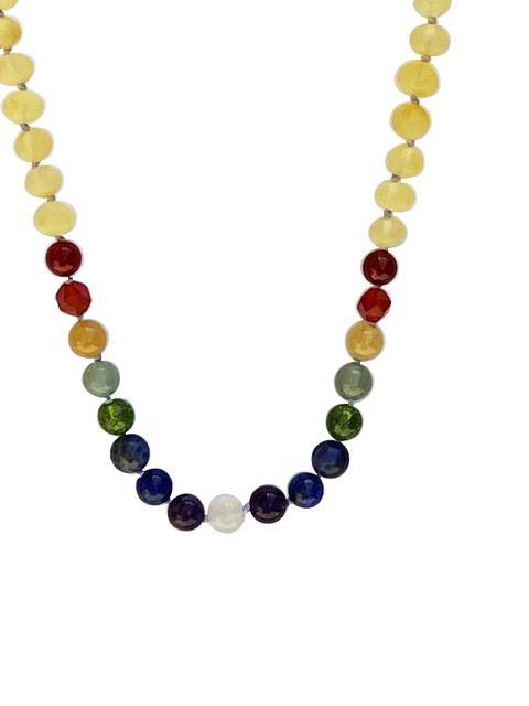 Amber + Rainbow Gemstone Baby necklace featuring Raw Honey and colorful gemstones, designed for teething relief and emotional support.