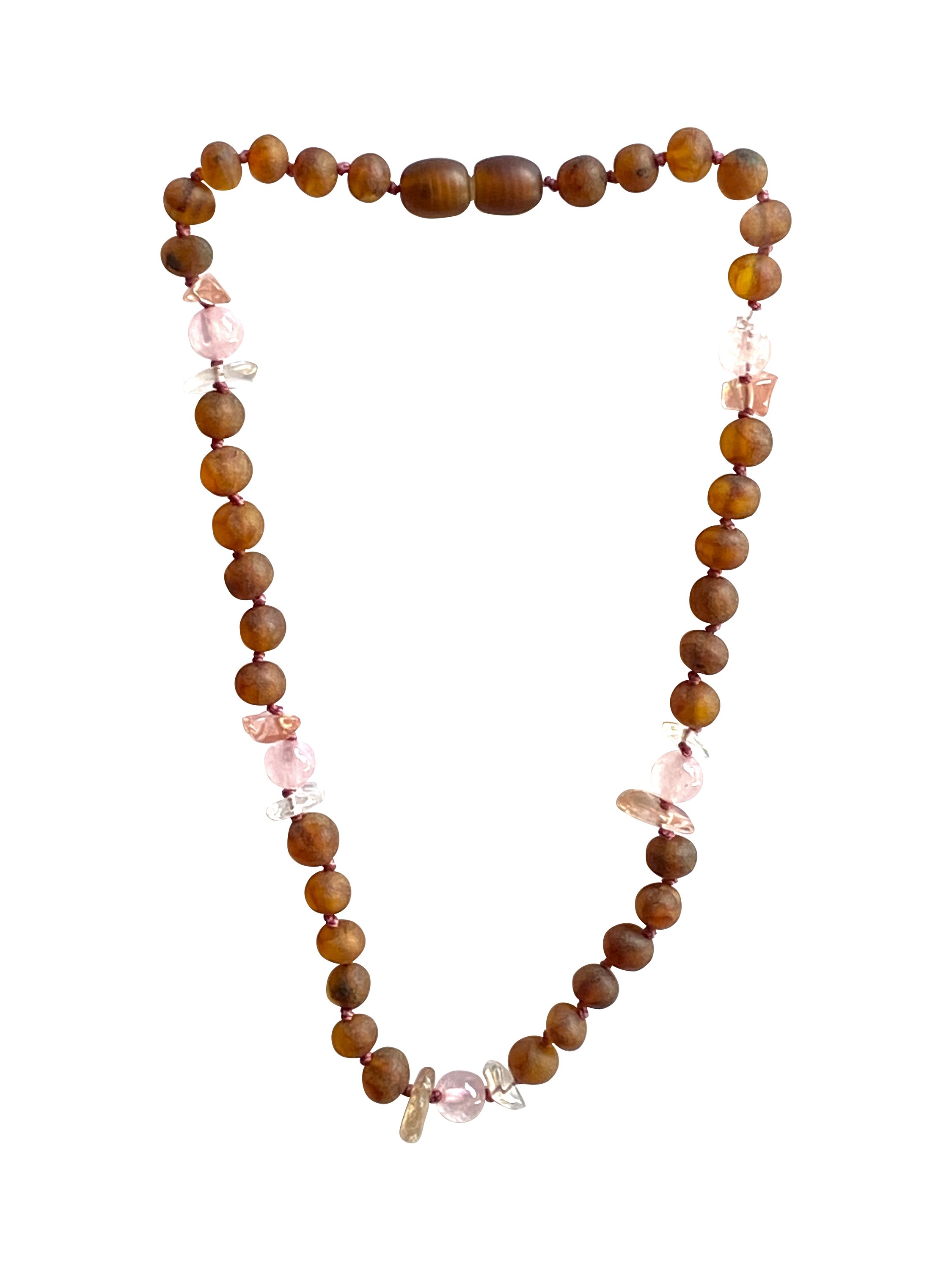 Amber and Rose Quartz baby necklace featuring individually knotted beads and a secure screw-on clasp, designed for teething relief.