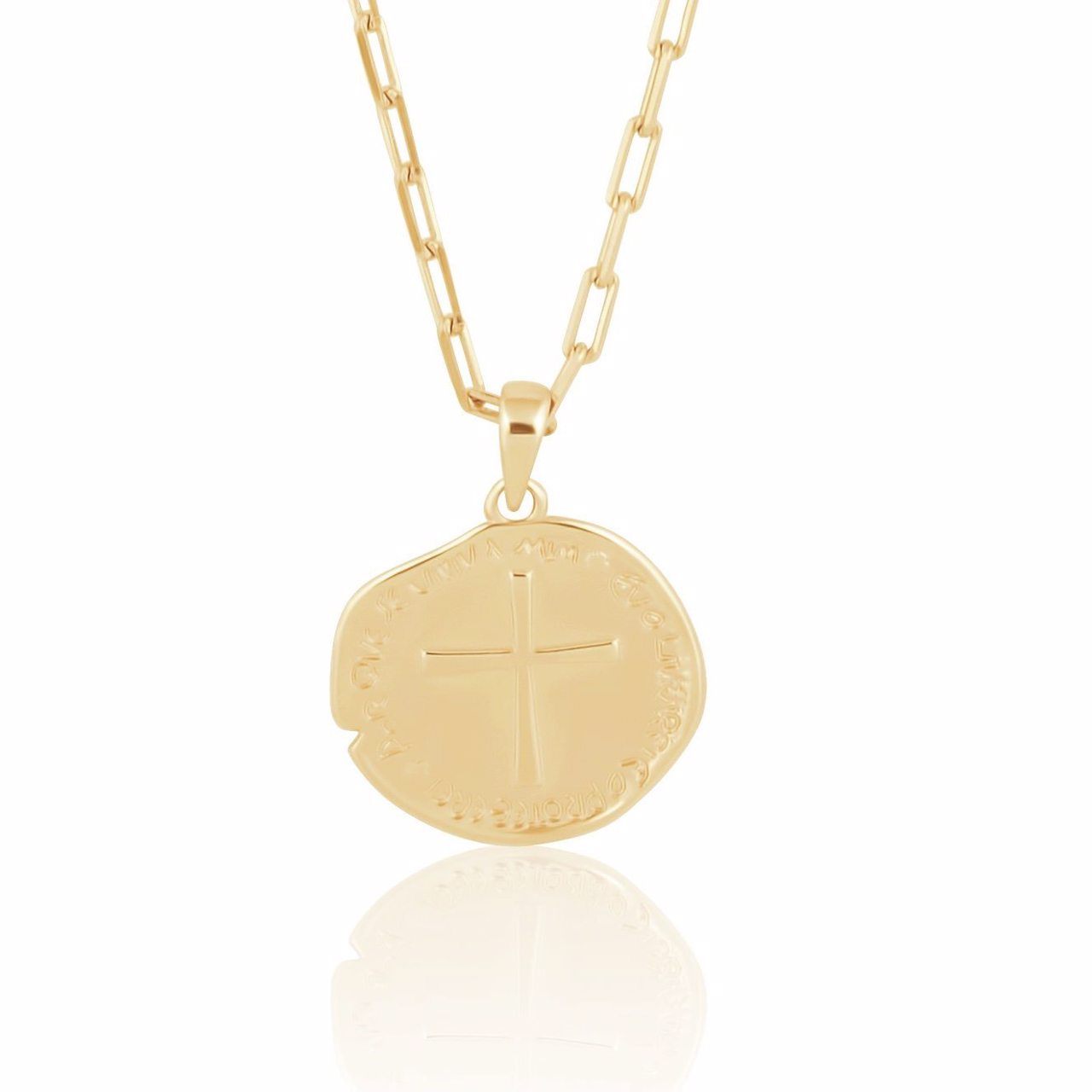 Amelia Coin pendant featuring 18k gold plating on an 18” Codie chain, showcasing a 30mm diameter coin design.