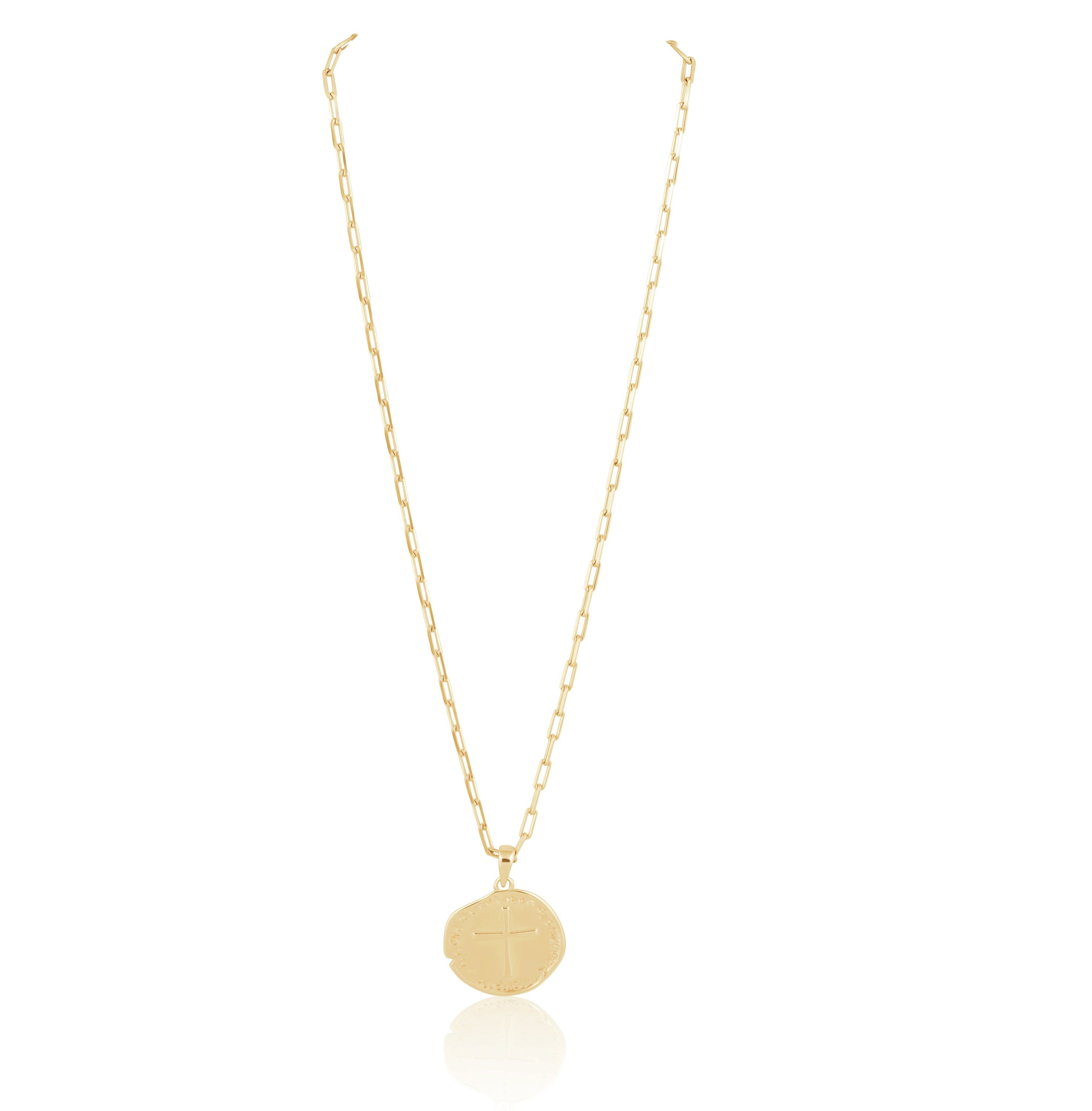 Amelia Coin pendant featuring 18k gold plating on an 18” Codie chain, showcasing a 30mm diameter coin design.