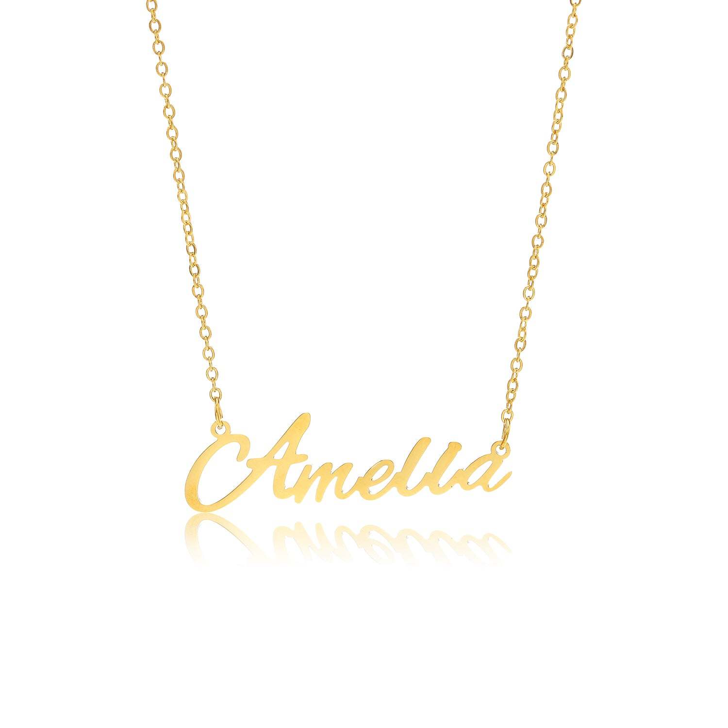 Amelia Name Necklace featuring stainless steel with gold plating, adjustable chain, personalized design.