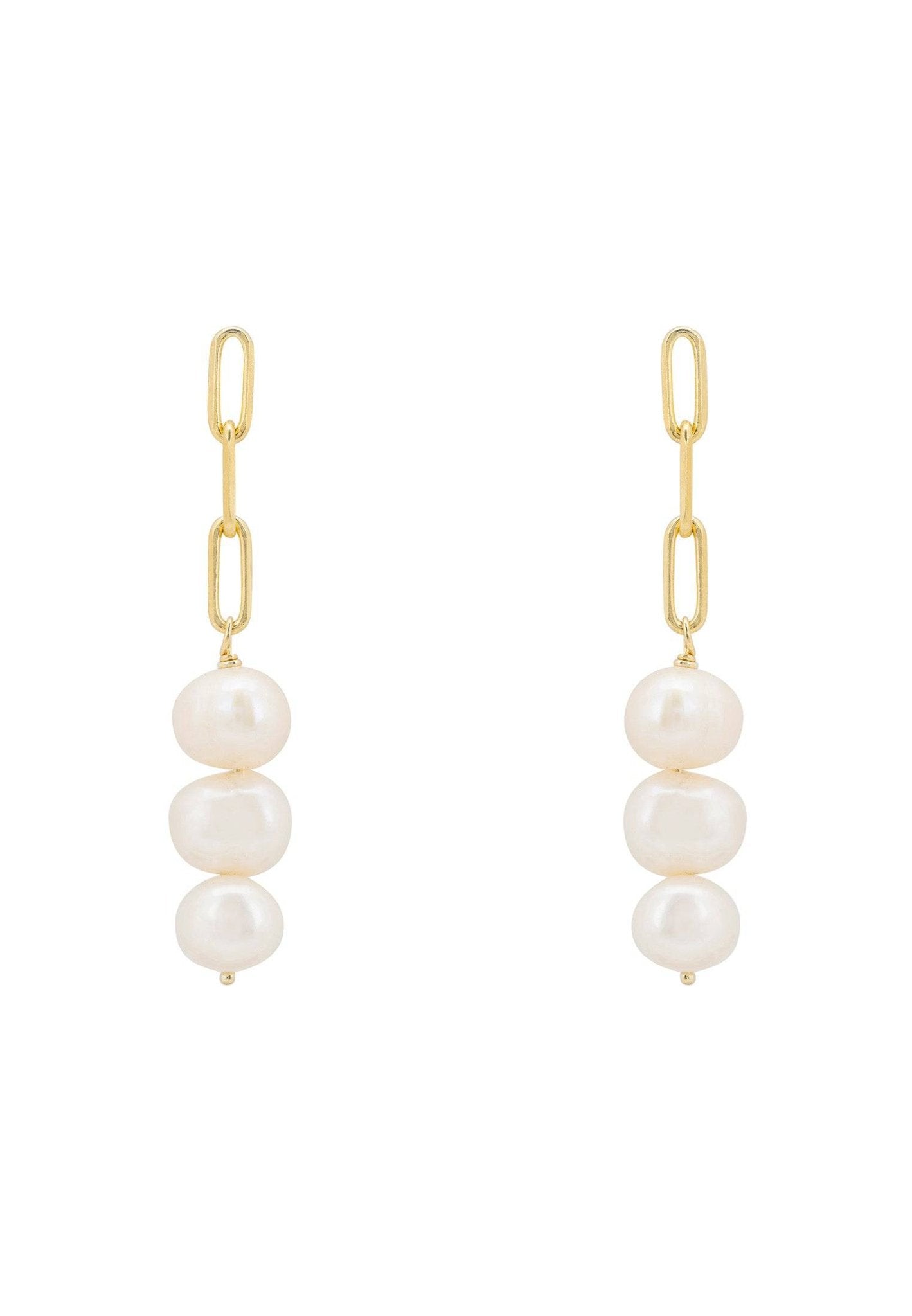 Amelia Three Pearl Drop Earrings in Gold featuring three white pearls on a delicate cable chain.