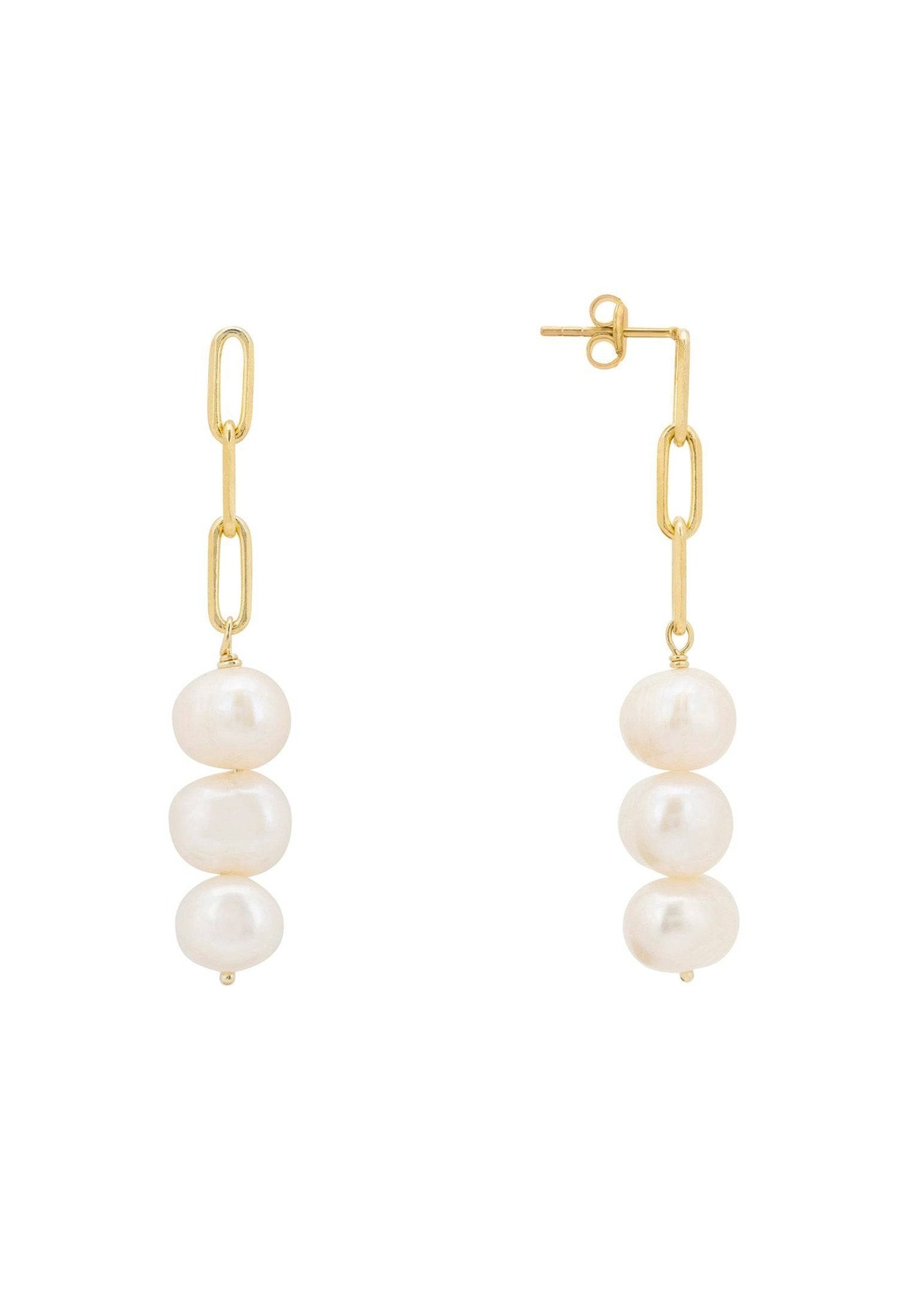 Amelia Three Pearl Drop Earrings in Gold featuring three white pearls on a delicate cable chain.