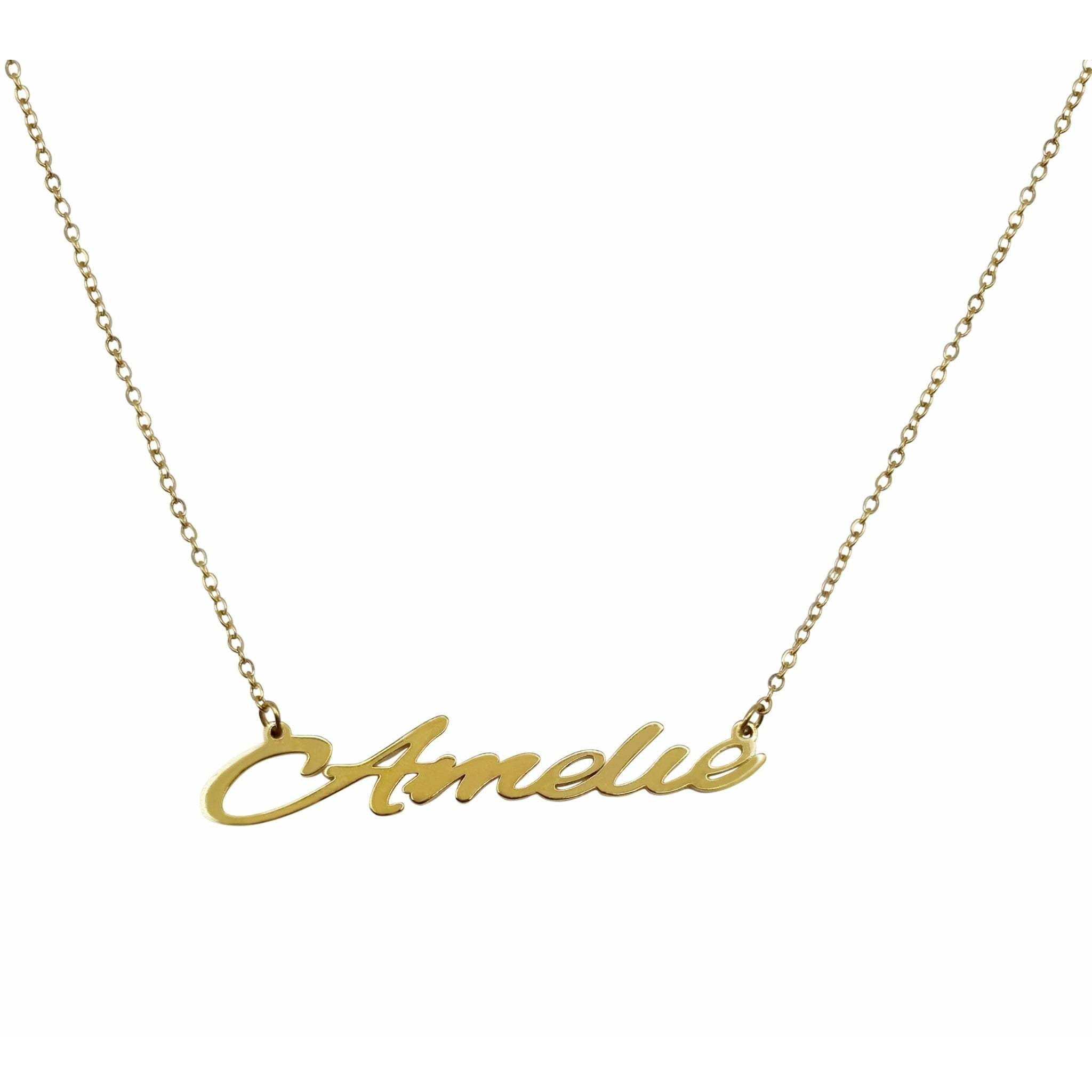 Amelie Name Necklace featuring a gold plated stainless steel design with adjustable chain.