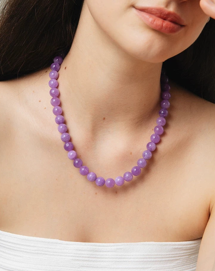 Amethyst Bliss Sweet Grape Wine Necklace featuring rich amethyst stones in deep purple, elegantly designed with varying bead sizes.