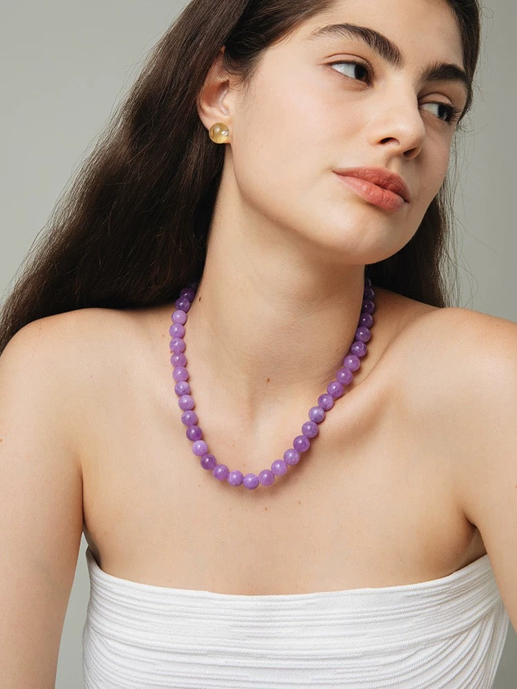 Amethyst Bliss Sweet Grape Wine Necklace featuring rich amethyst stones in deep purple, elegantly designed with varying bead sizes.