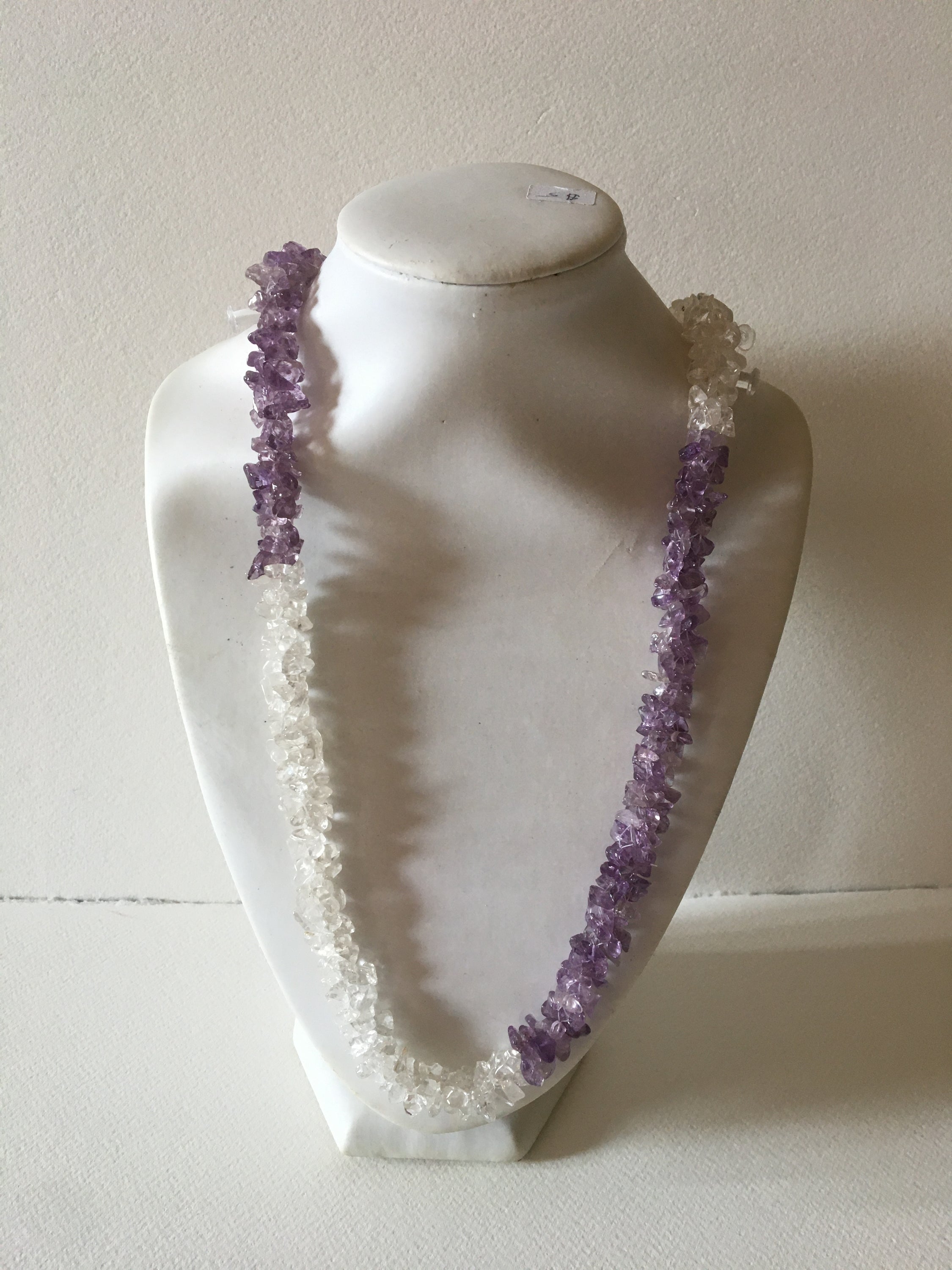 Handmade Amethyst and Clear Quartz chips necklace, showcasing natural gemstones in a unique design, measuring 24-25 inches in length.