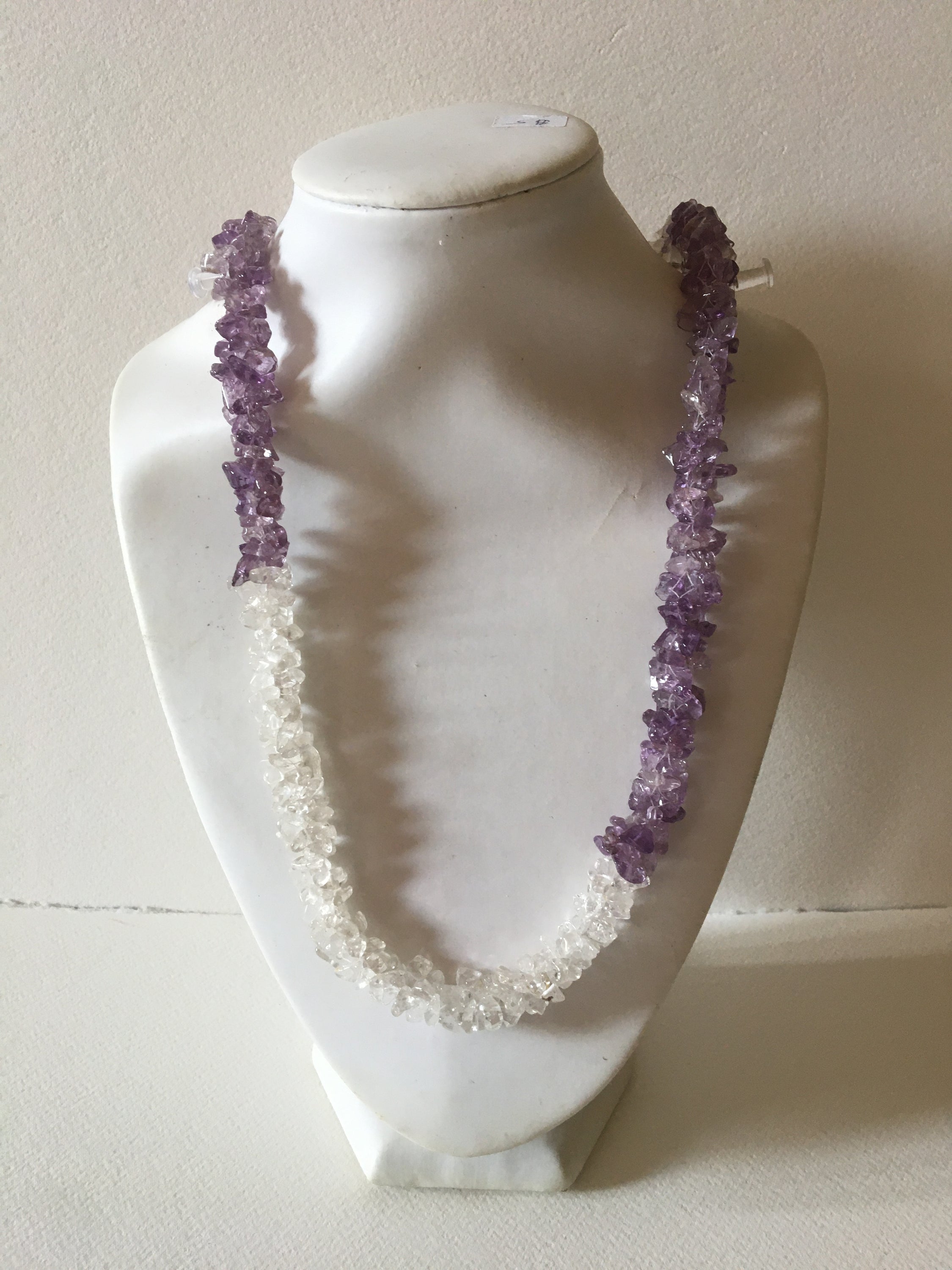 Handmade Amethyst and Clear Quartz chips necklace, showcasing natural gemstones in a unique design, measuring 24-25 inches in length.