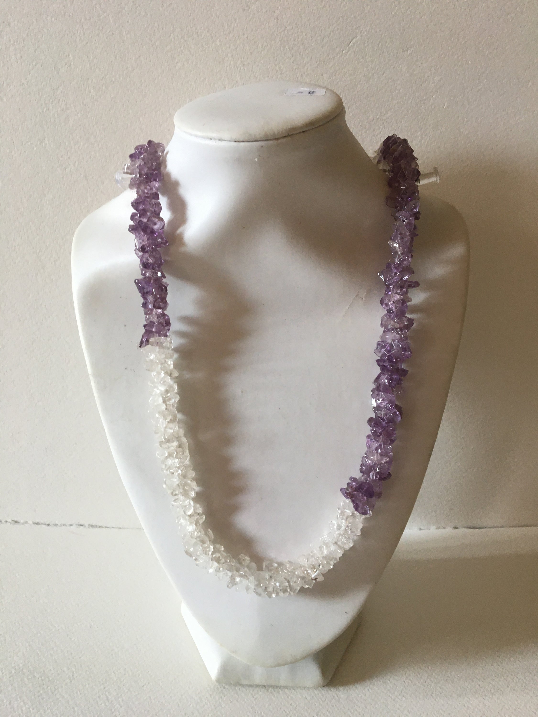 Handmade Amethyst and Clear Quartz chips necklace, showcasing natural gemstones in a unique design, measuring 24-25 inches in length.