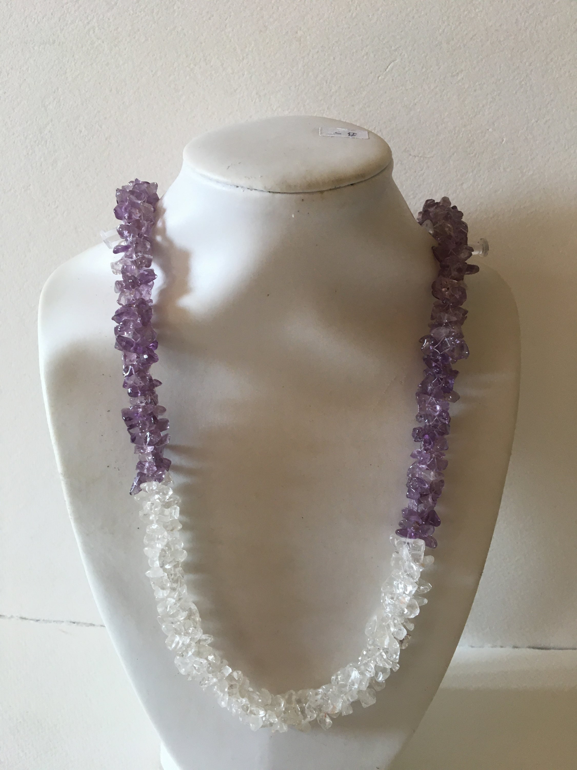 Handmade Amethyst and Clear Quartz chips necklace, showcasing natural gemstones in a unique design, measuring 24-25 inches in length.