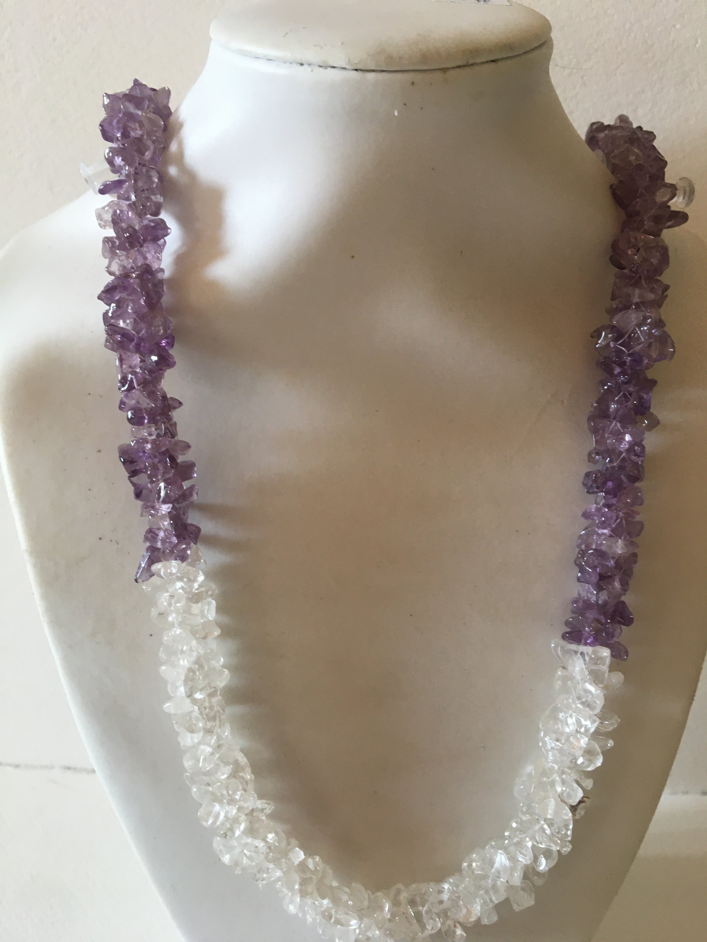 Handmade Amethyst and Clear Quartz chips necklace, showcasing natural gemstones in a unique design, measuring 24-25 inches in length.