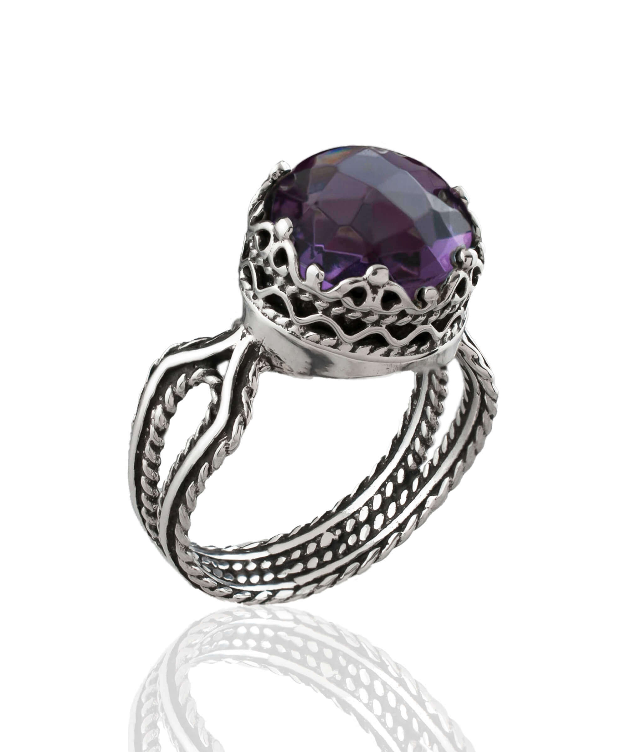 Amethyst gemstone women sterling silver cocktail ring featuring intricate filigree design and a round-cut 10mm amethyst stone.