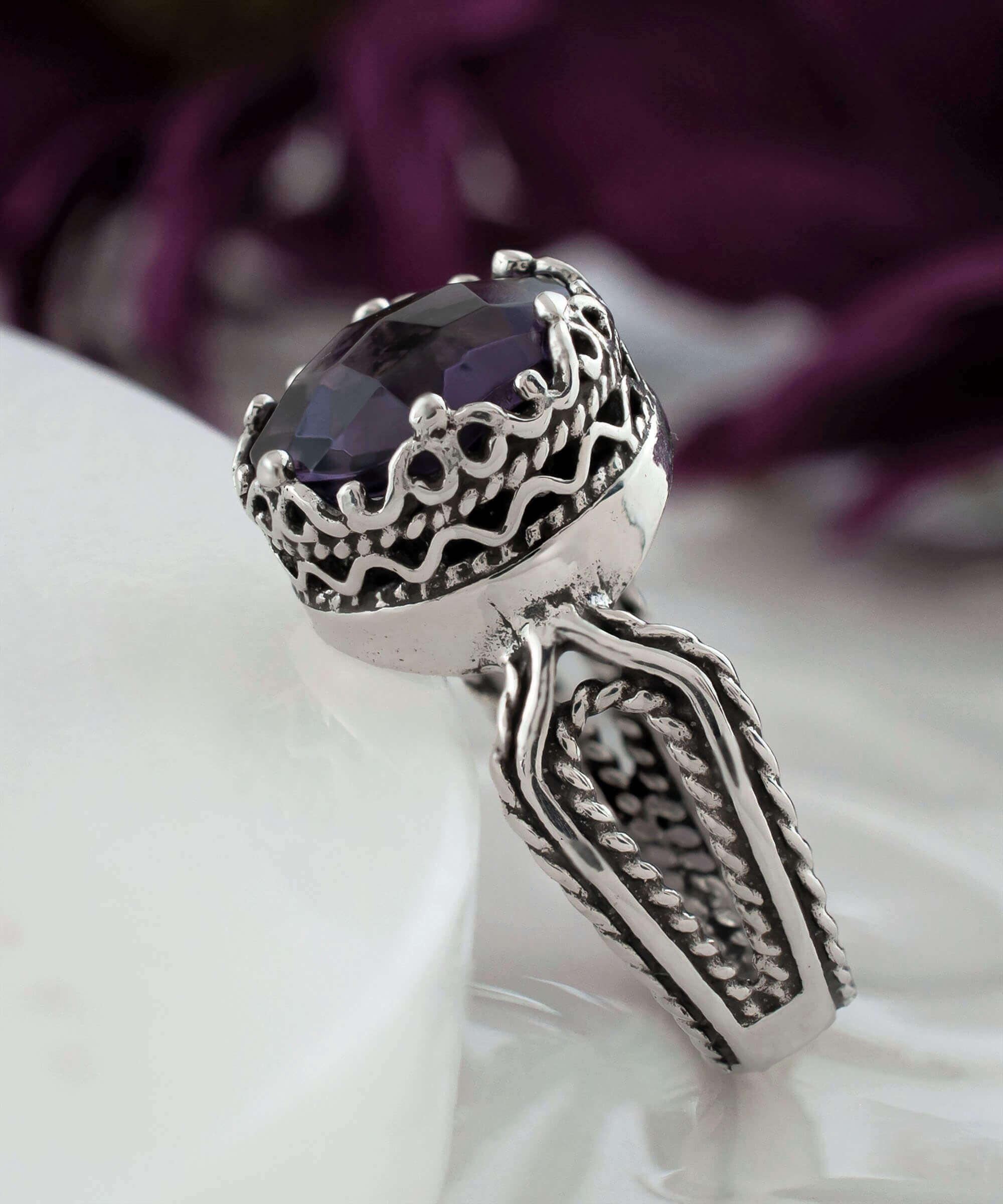 Amethyst gemstone women sterling silver cocktail ring featuring intricate filigree design and a round-cut 10mm amethyst stone.