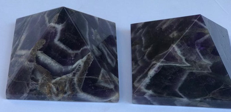 Hand-carved natural Amethyst Pyramid, 3 x 3 inches, showcasing unique color and texture variations.