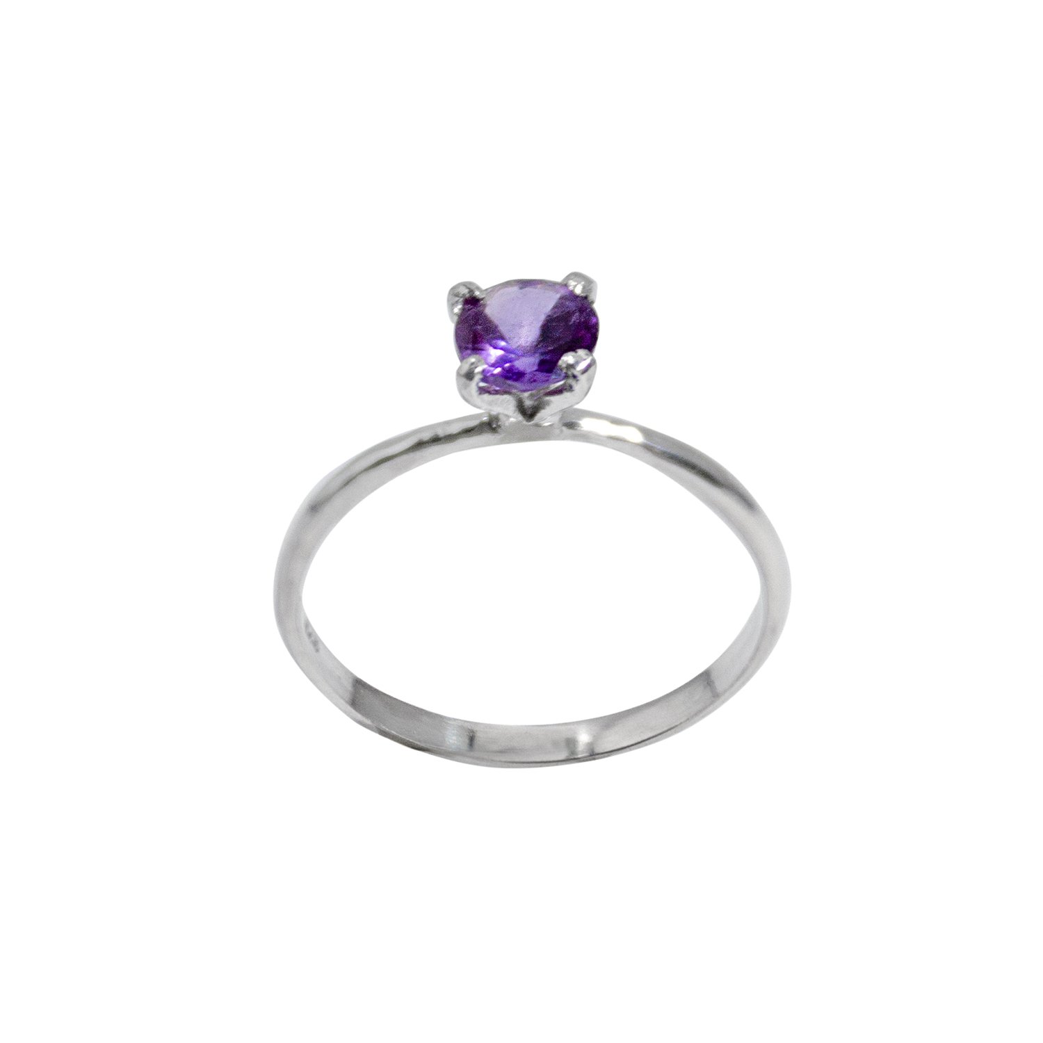 Amethyst Solitaire Sterling Silver Ring featuring a vibrant purple amethyst set in a sleek sterling silver band.