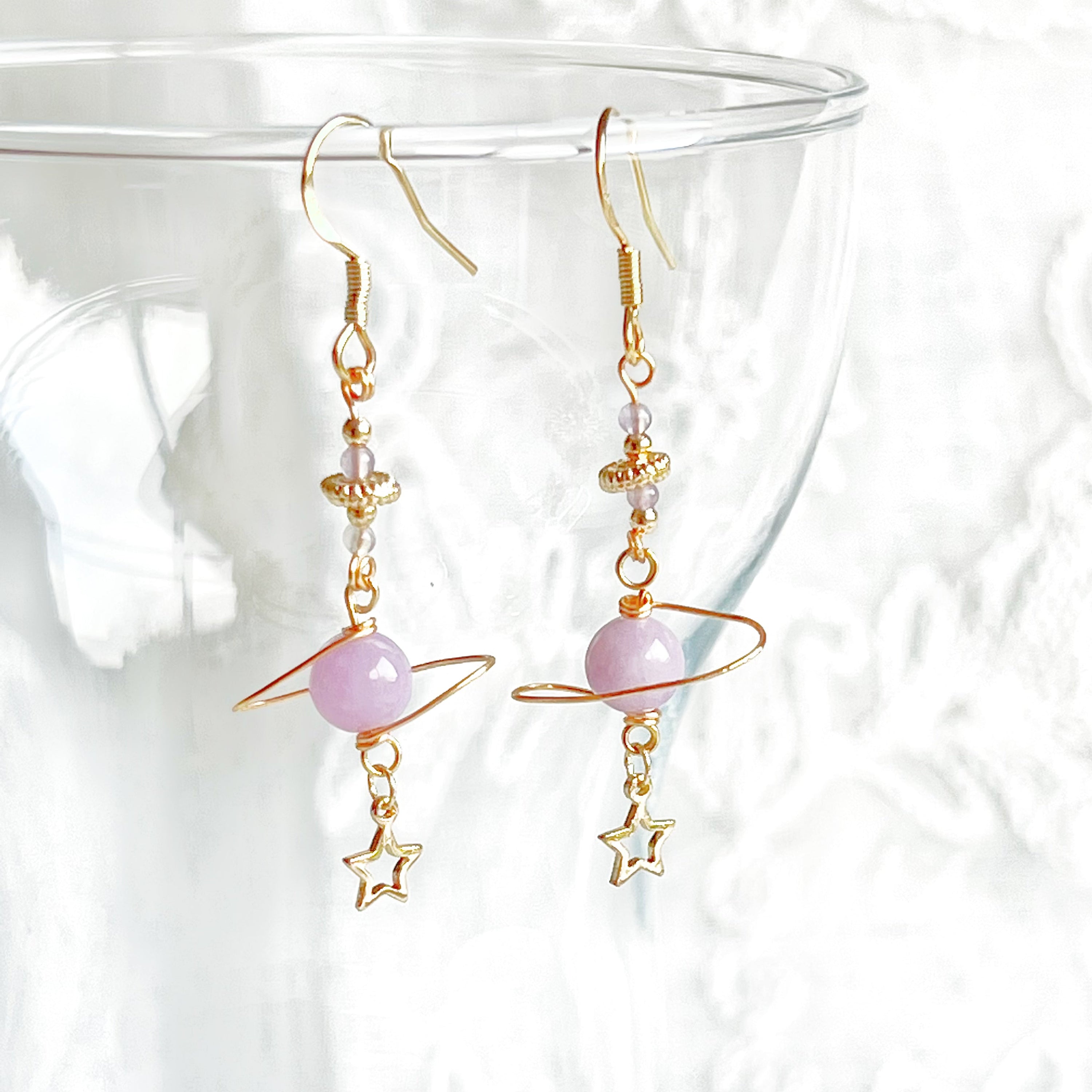 Amethyst Stone Purple Planet and Star Drop Earrings featuring natural amethyst beads and gold-plated accents, elegantly designed for a unique look.