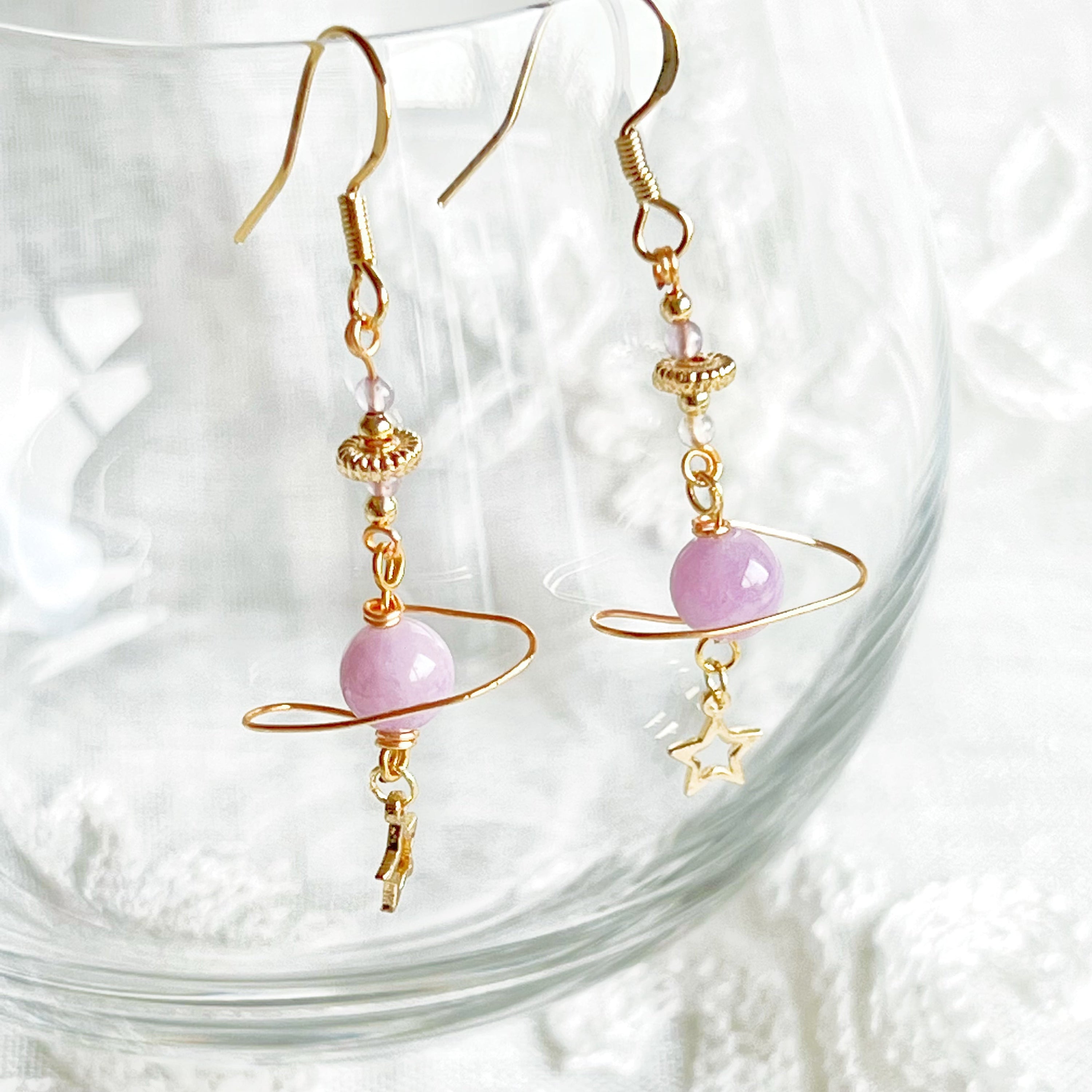 Amethyst Stone Purple Planet and Star Drop Earrings featuring natural amethyst beads and gold-plated accents, elegantly designed for a unique look.