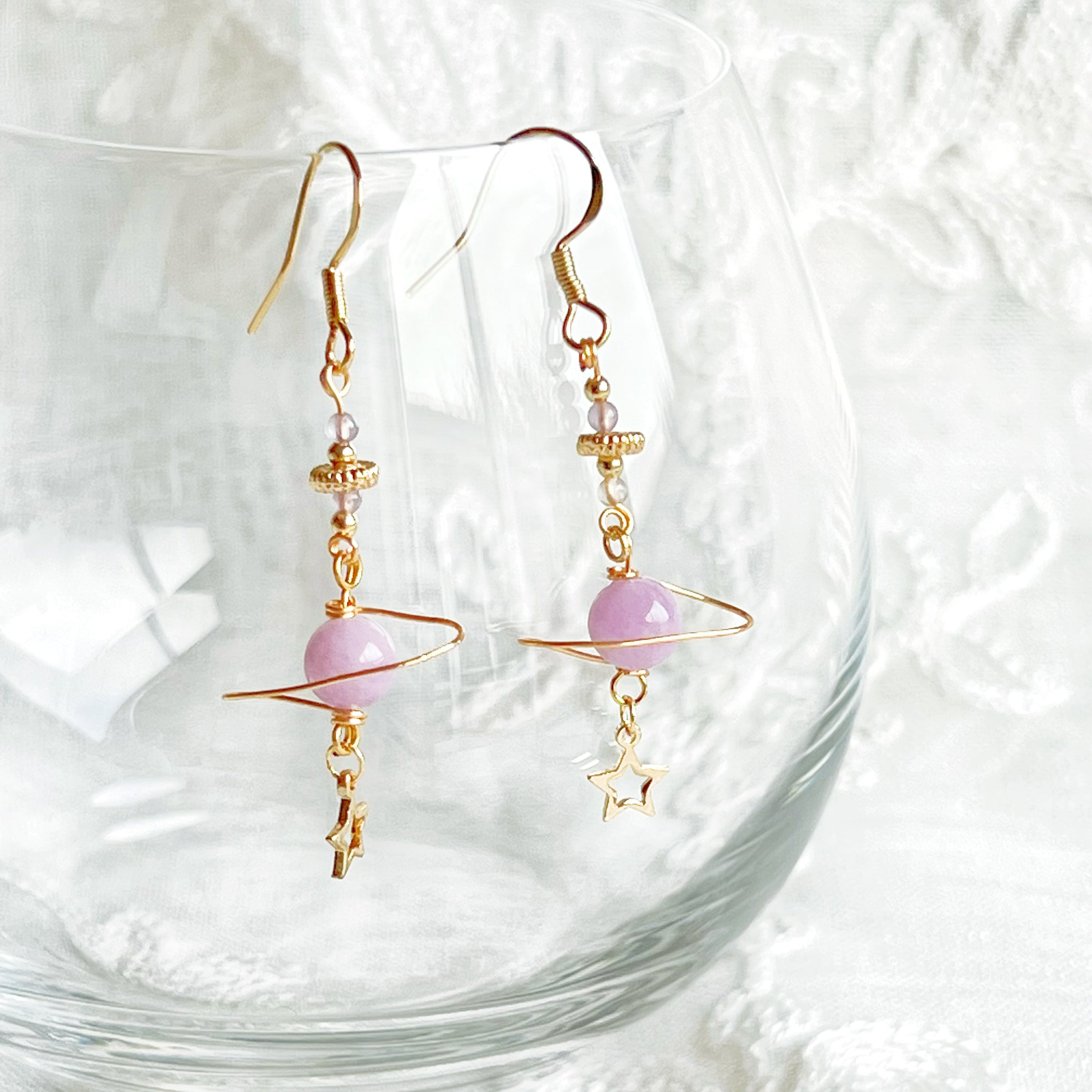 Amethyst Stone Purple Planet and Star Drop Earrings featuring natural amethyst beads and gold-plated accents, elegantly designed for a unique look.