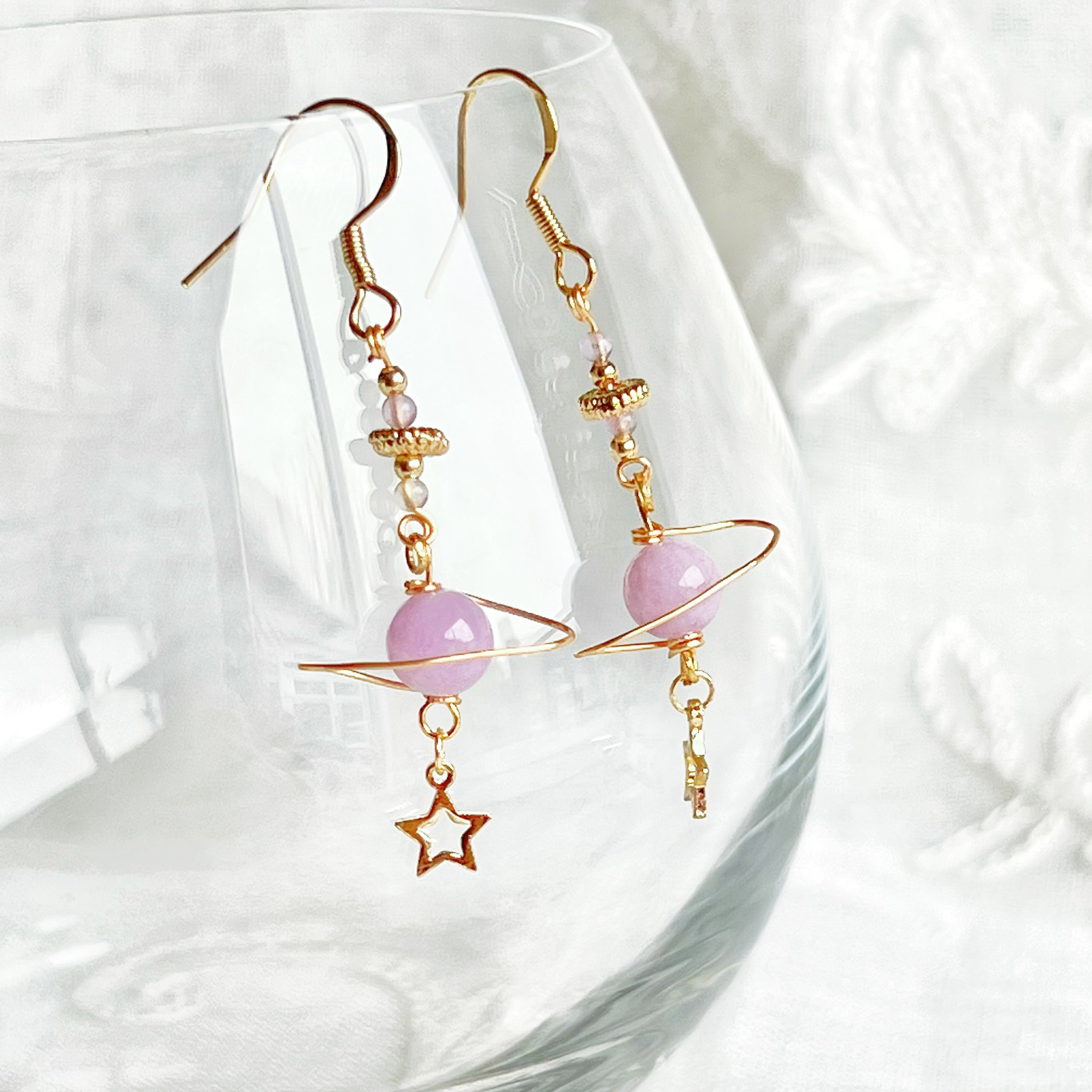 Amethyst Stone Purple Planet and Star Drop Earrings featuring natural amethyst beads and gold-plated accents, elegantly designed for a unique look.