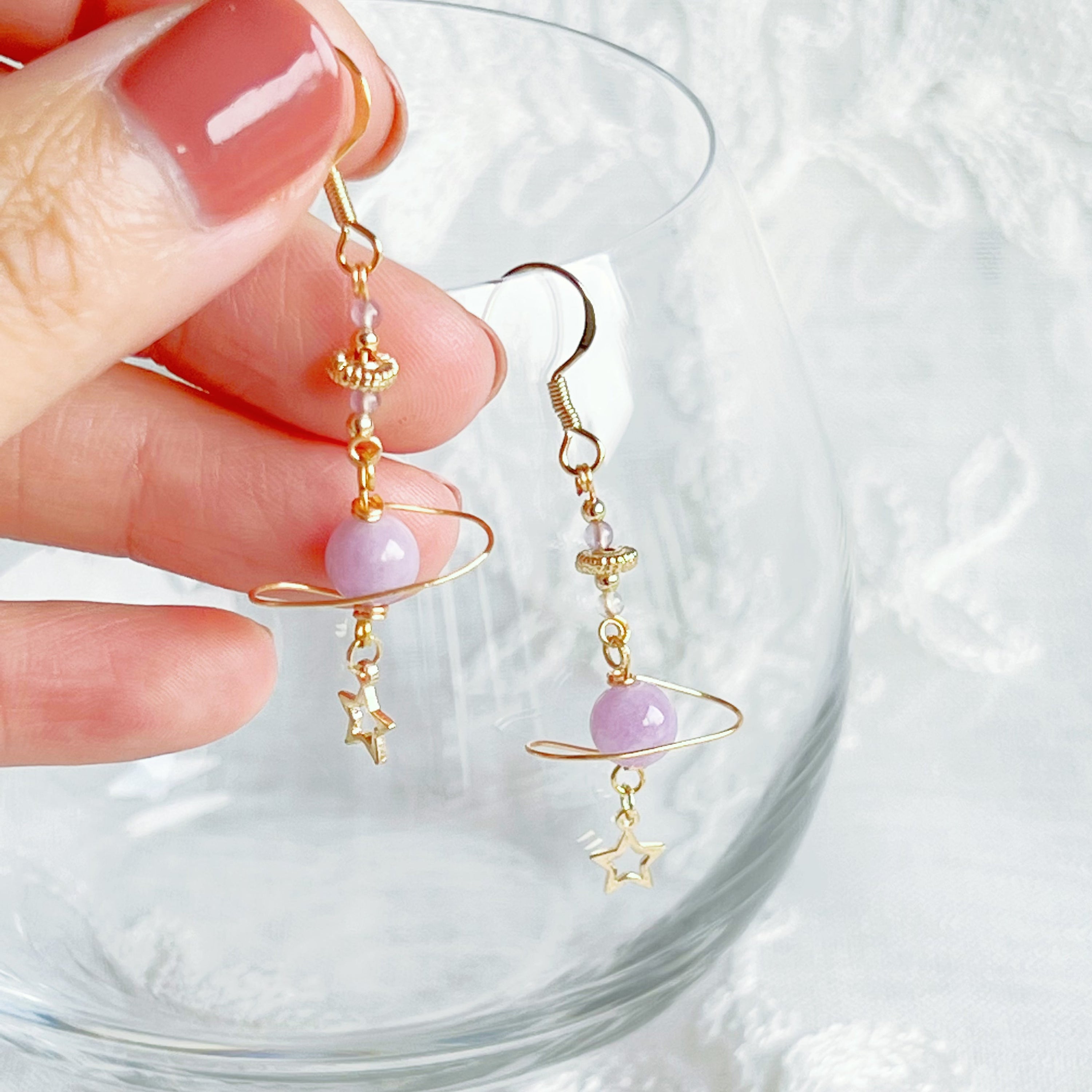 Amethyst Stone Purple Planet and Star Drop Earrings featuring natural amethyst beads and gold-plated accents, elegantly designed for a unique look.