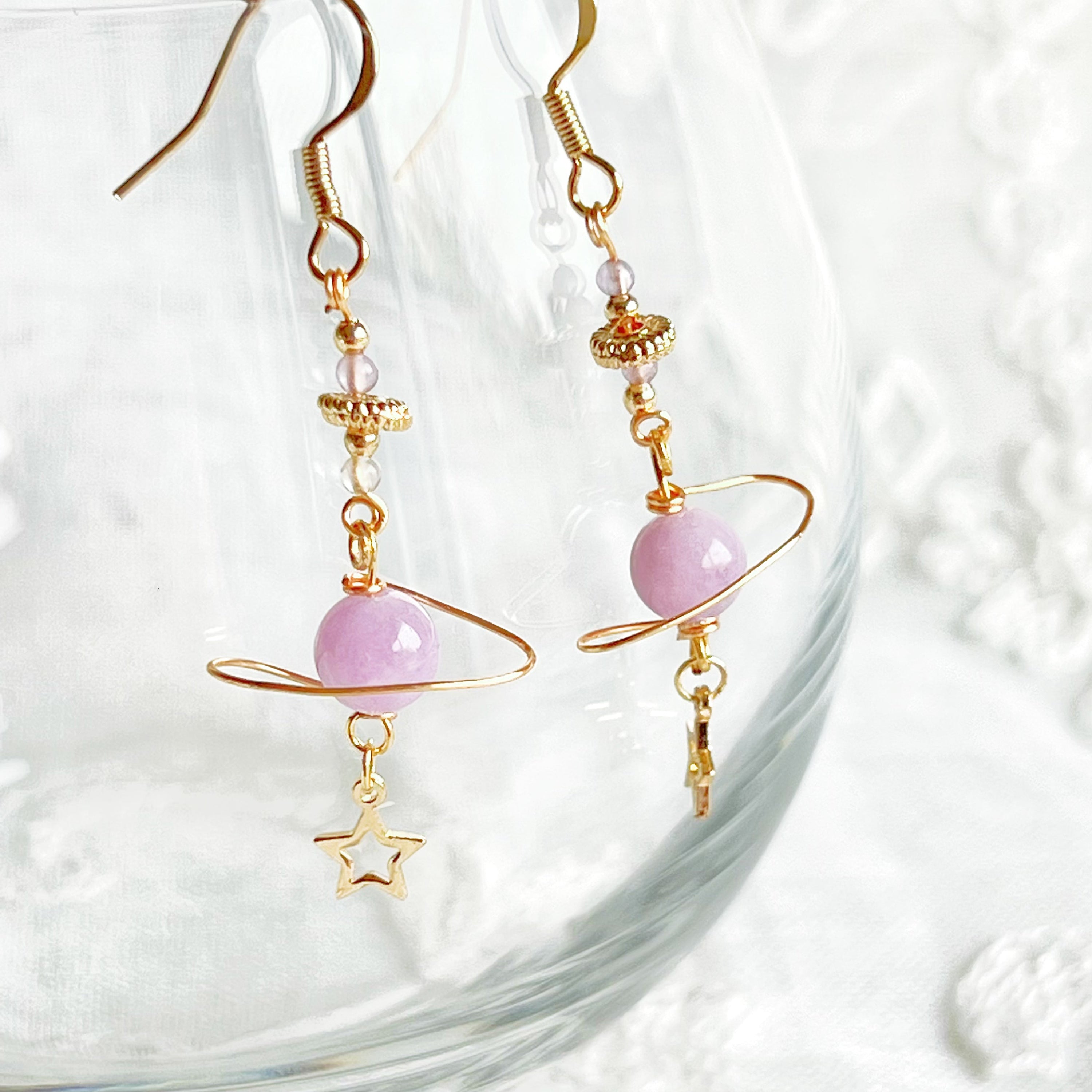 Amethyst Stone Purple Planet and Star Drop Earrings featuring natural amethyst beads and gold-plated accents, elegantly designed for a unique look.