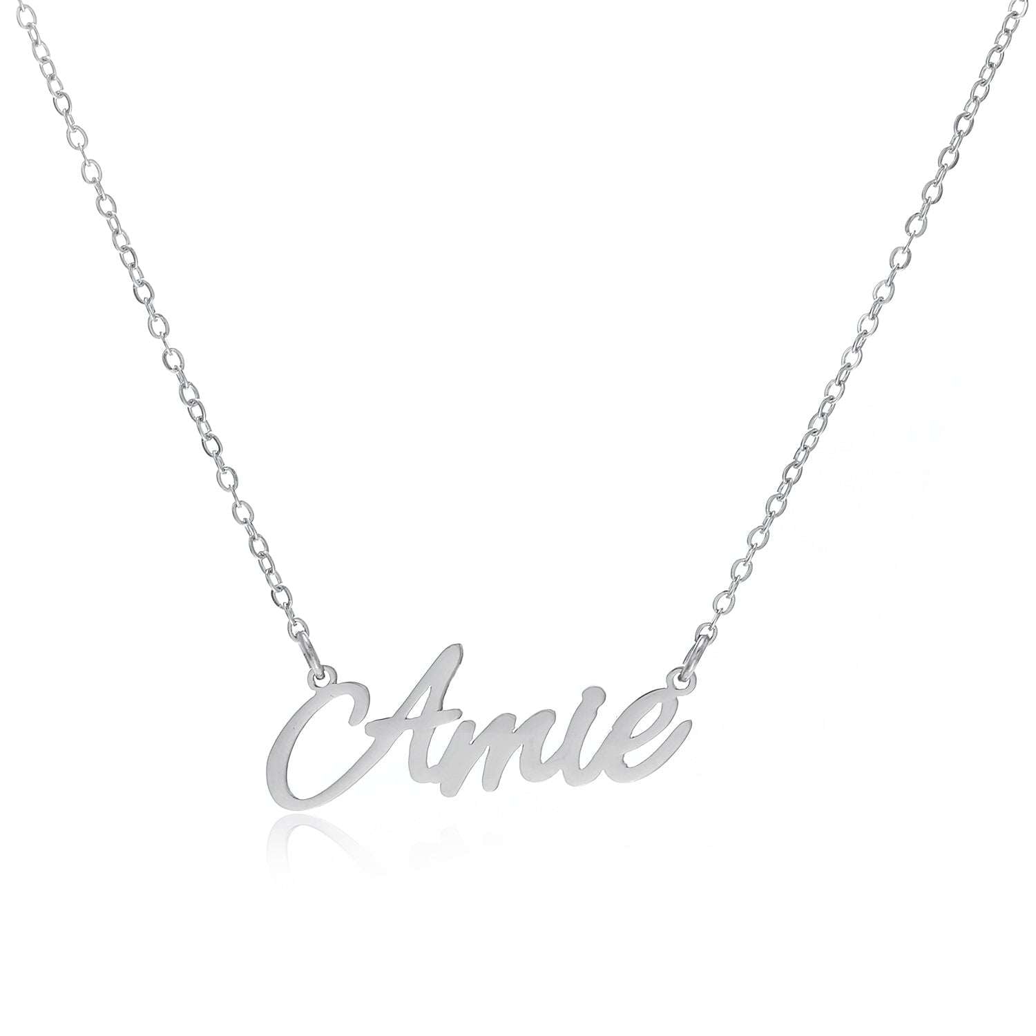 Amie Name Necklace made of stainless steel with a personalized name pendant, featuring an adjustable chain.