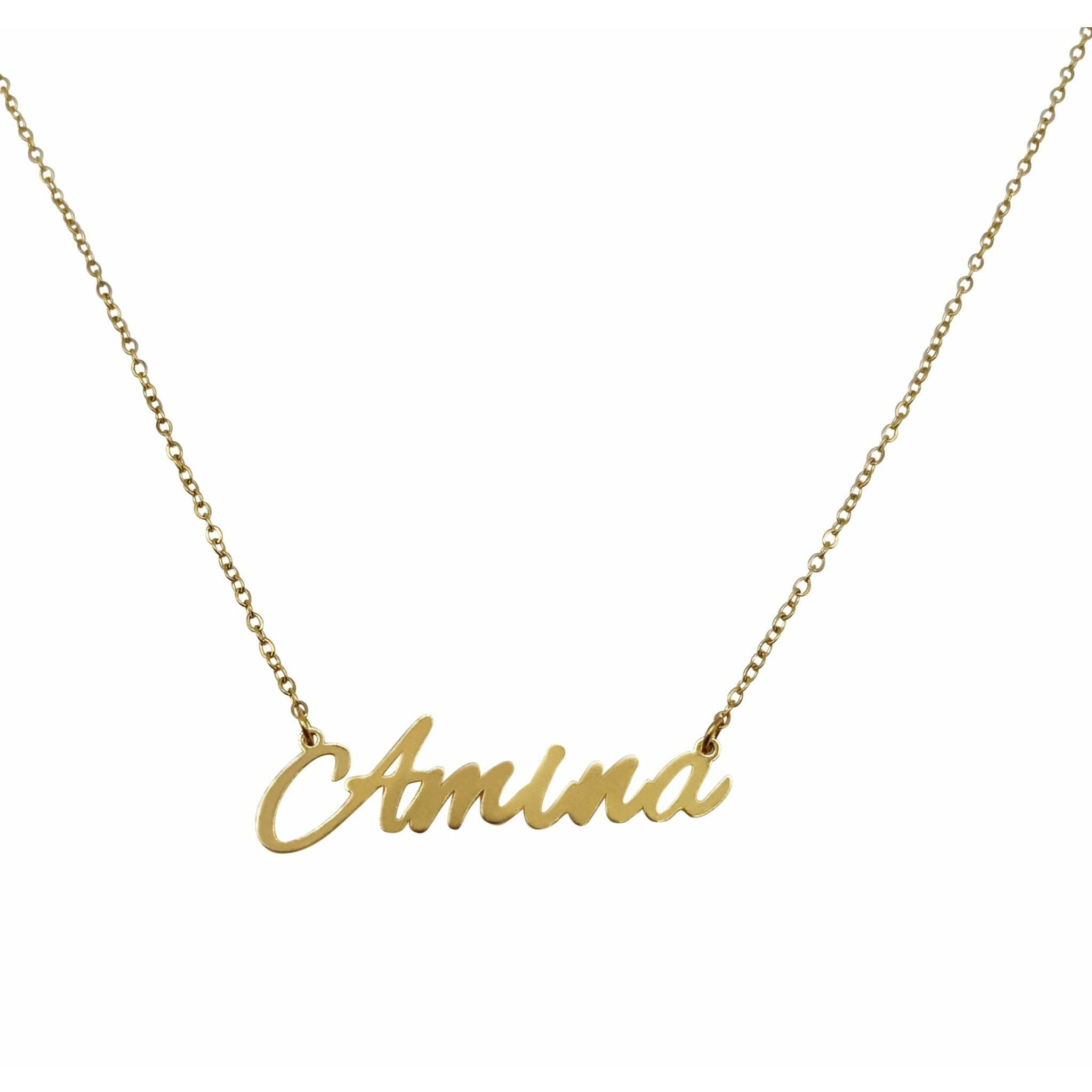 Amina Name Necklace featuring a personalized name design in tarnish-free gold plating on a stainless steel chain.